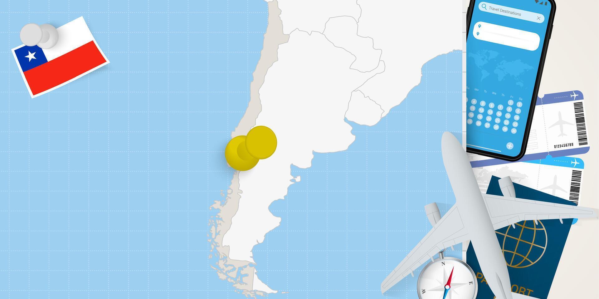 Travel to Chile concept, map with pin on map of Chile. Vacation preparation map, flag, passport and tickets. vector