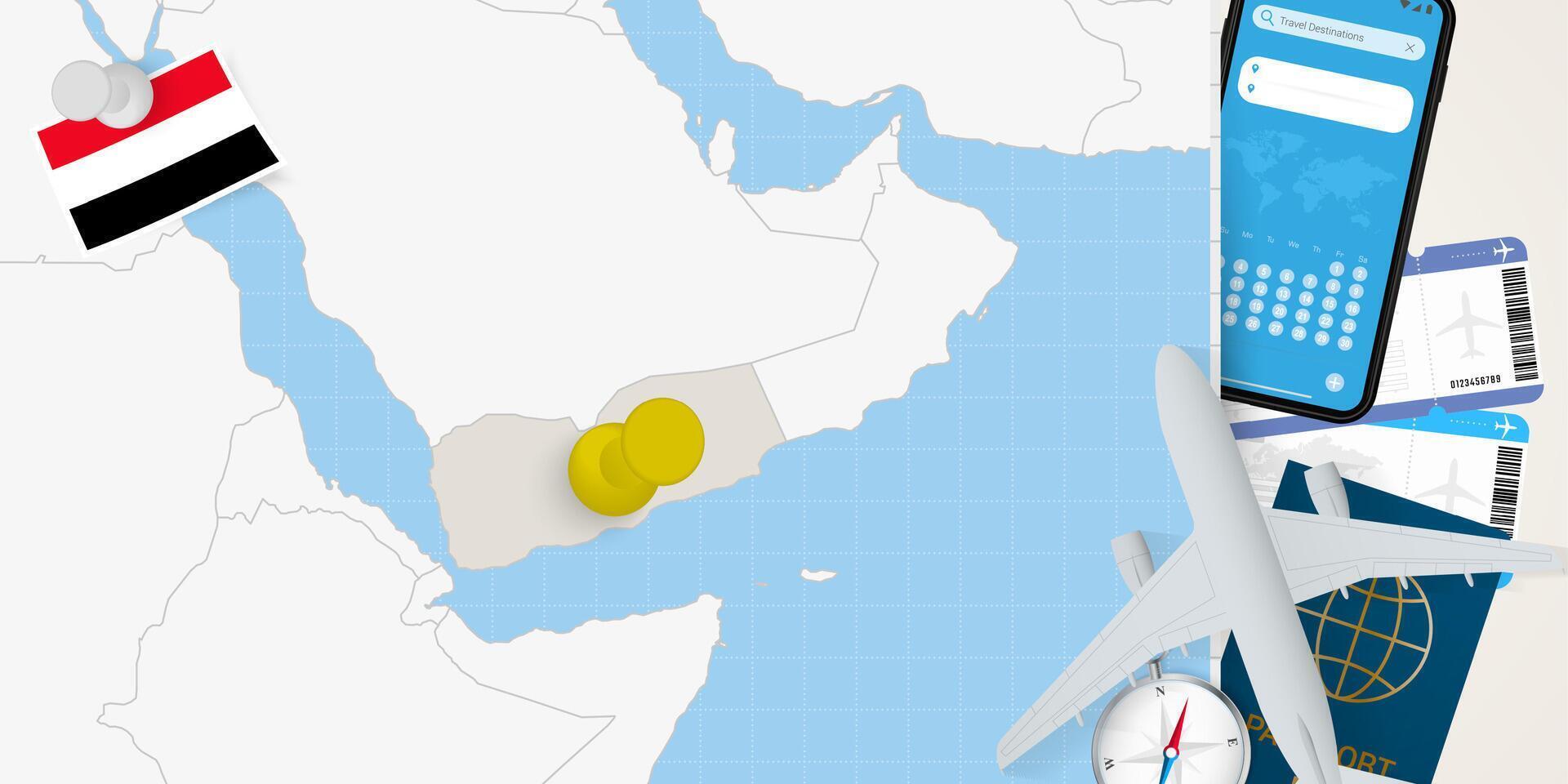 Travel to Yemen concept, map with pin on map of Yemen. Vacation preparation map, flag, passport and tickets. vector
