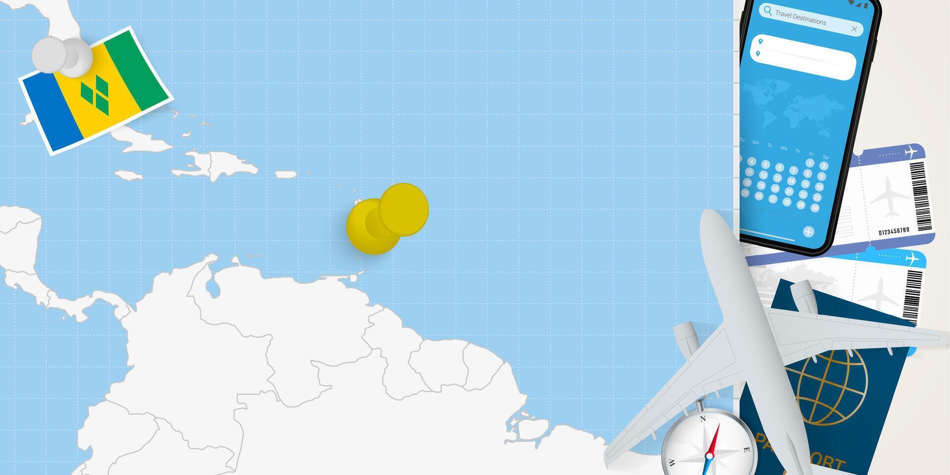 Travel to Saint Vincent and the Grenadines concept, map with pin on map of Saint Vincent and the Grenadines. Vacation preparation map, flag, passport and tickets. vector