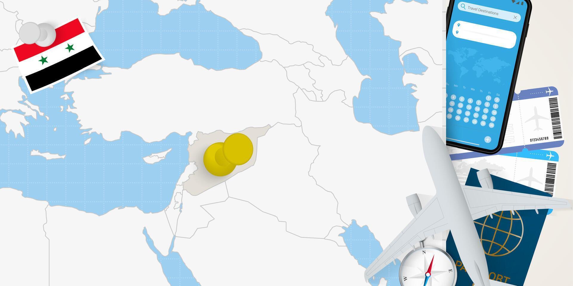 Travel to Syria concept, map with pin on map of Syria. Vacation preparation map, flag, passport and tickets. vector