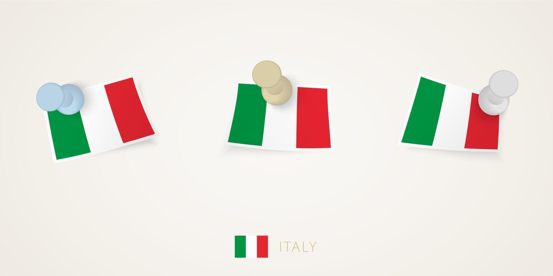 Pinned flag of Italy in different shapes with twisted corners. pushpins top view. vector