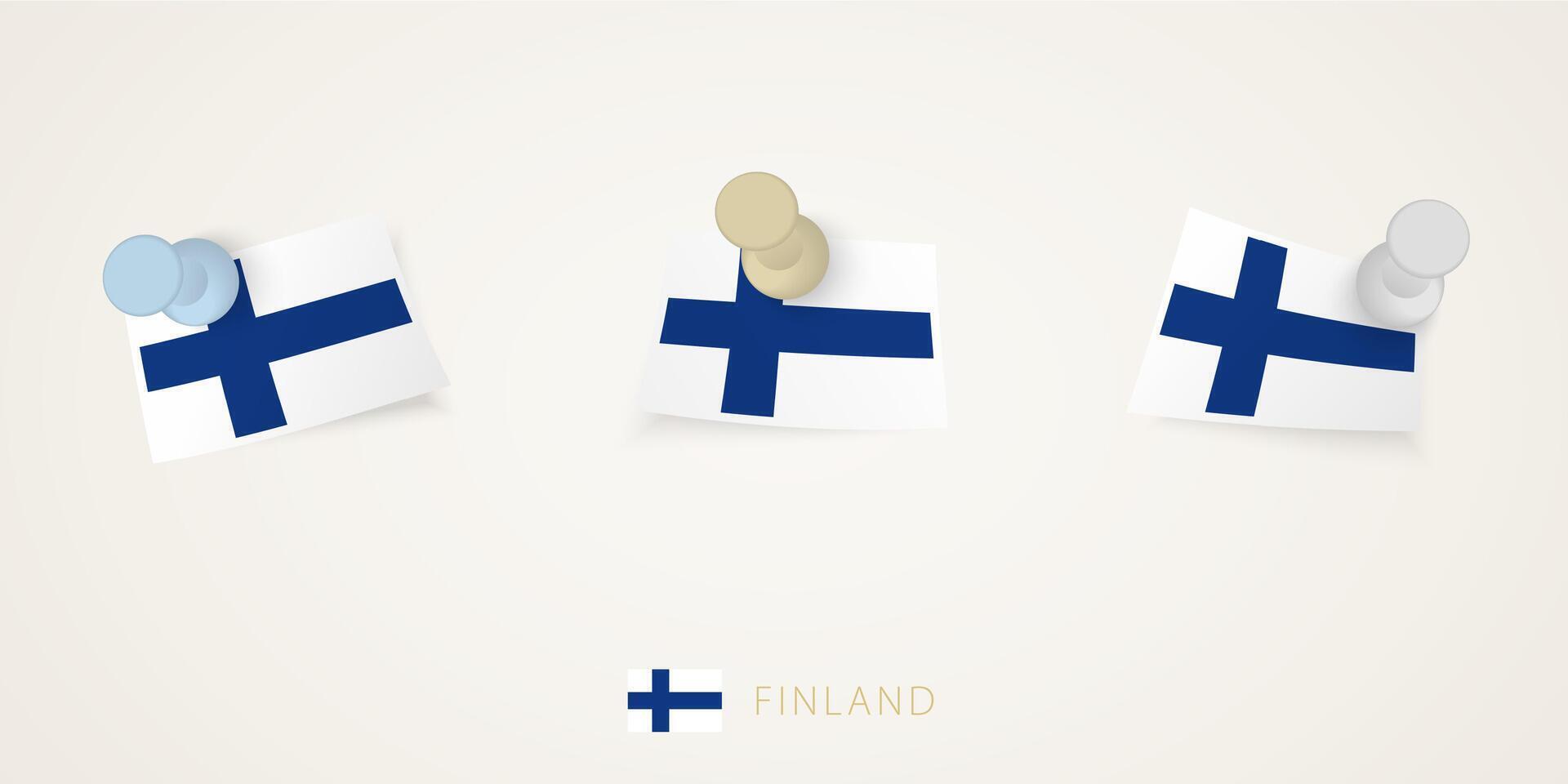 Pinned flag of Finland in different shapes with twisted corners. pushpins top view. vector