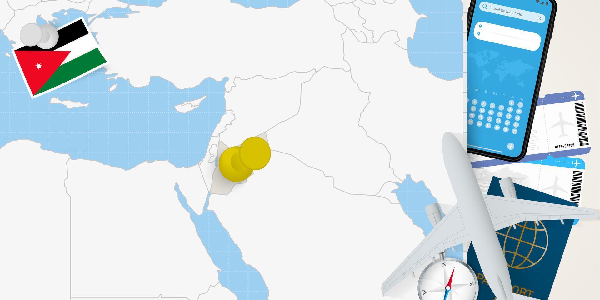 Travel to Jordan concept, map with pin on map of Jordan. Vacation preparation map, flag, passport and tickets. vector