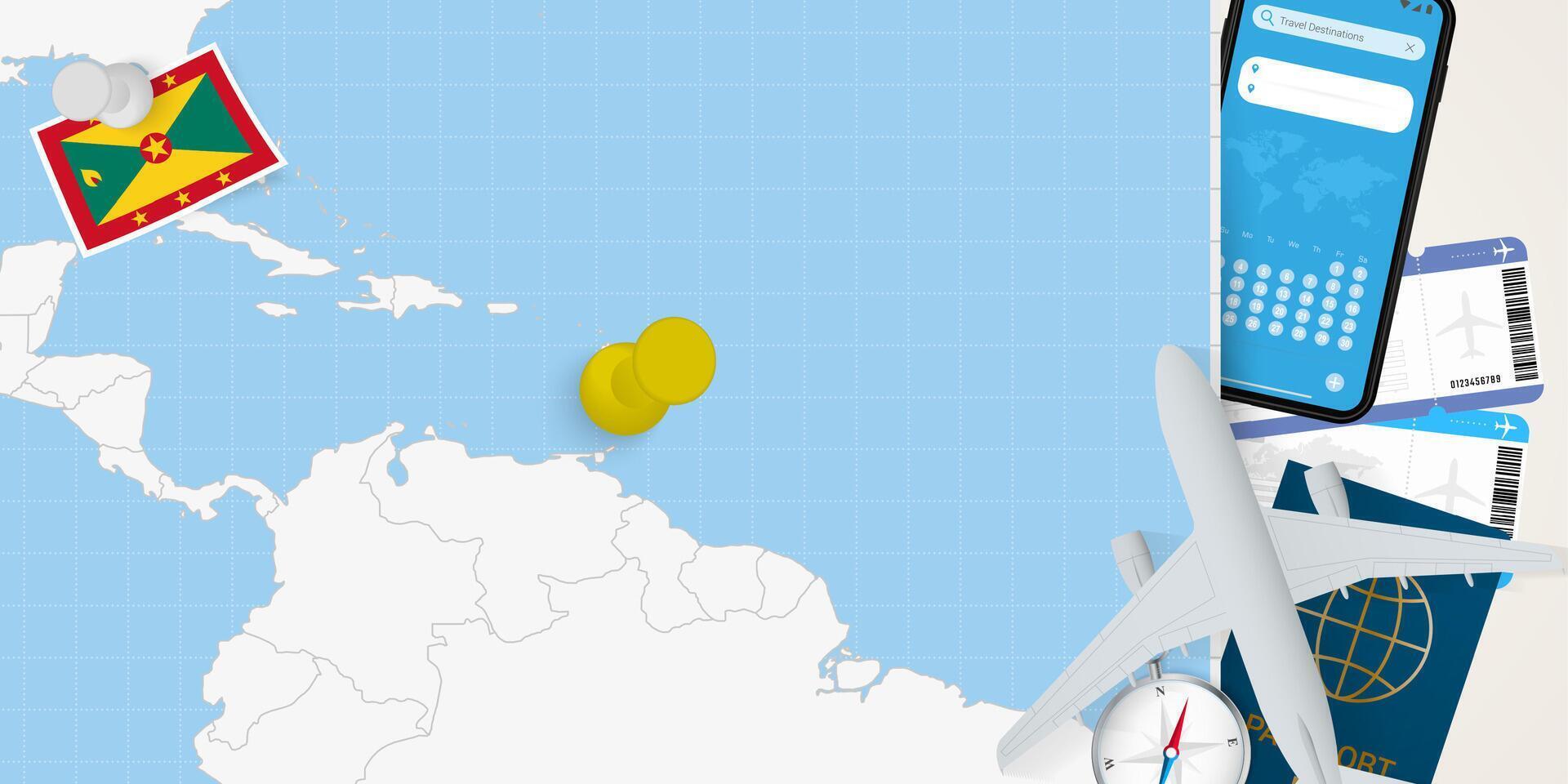 Travel to Grenada concept, map with pin on map of Grenada. Vacation preparation map, flag, passport and tickets. vector