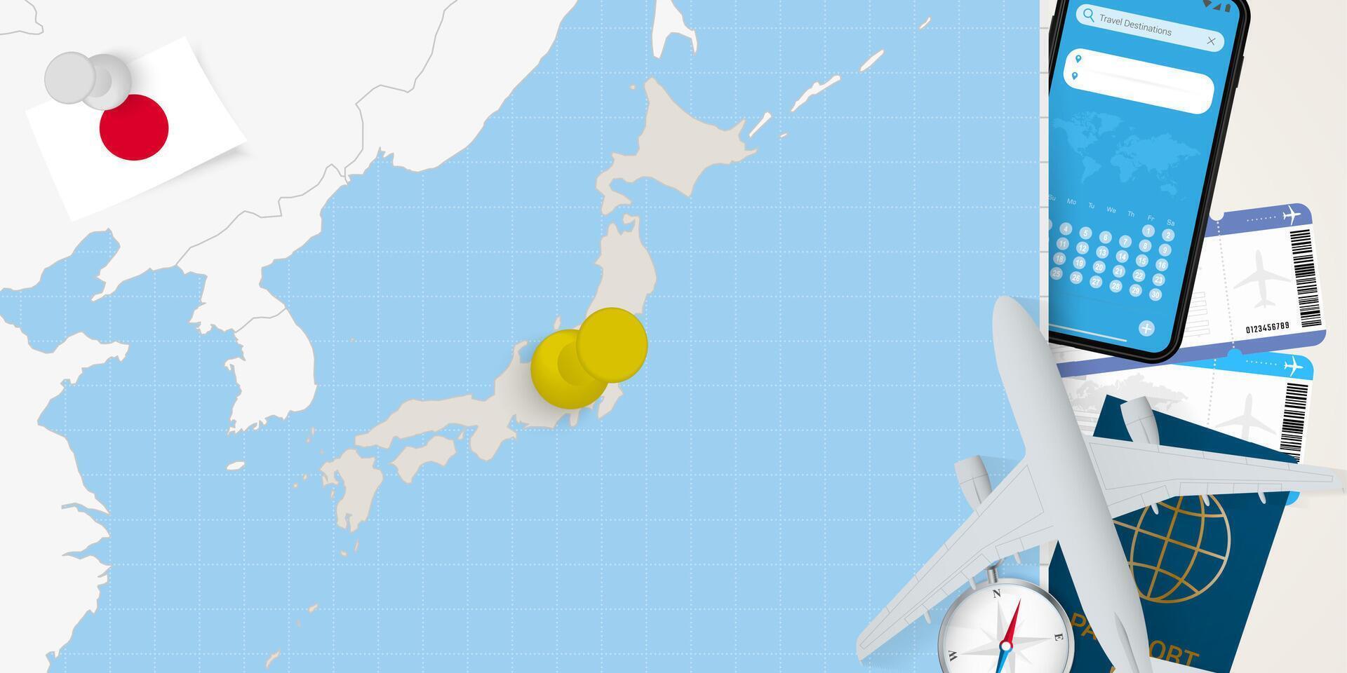 Travel to Japan concept, map with pin on map of Japan. Vacation preparation map, flag, passport and tickets. vector