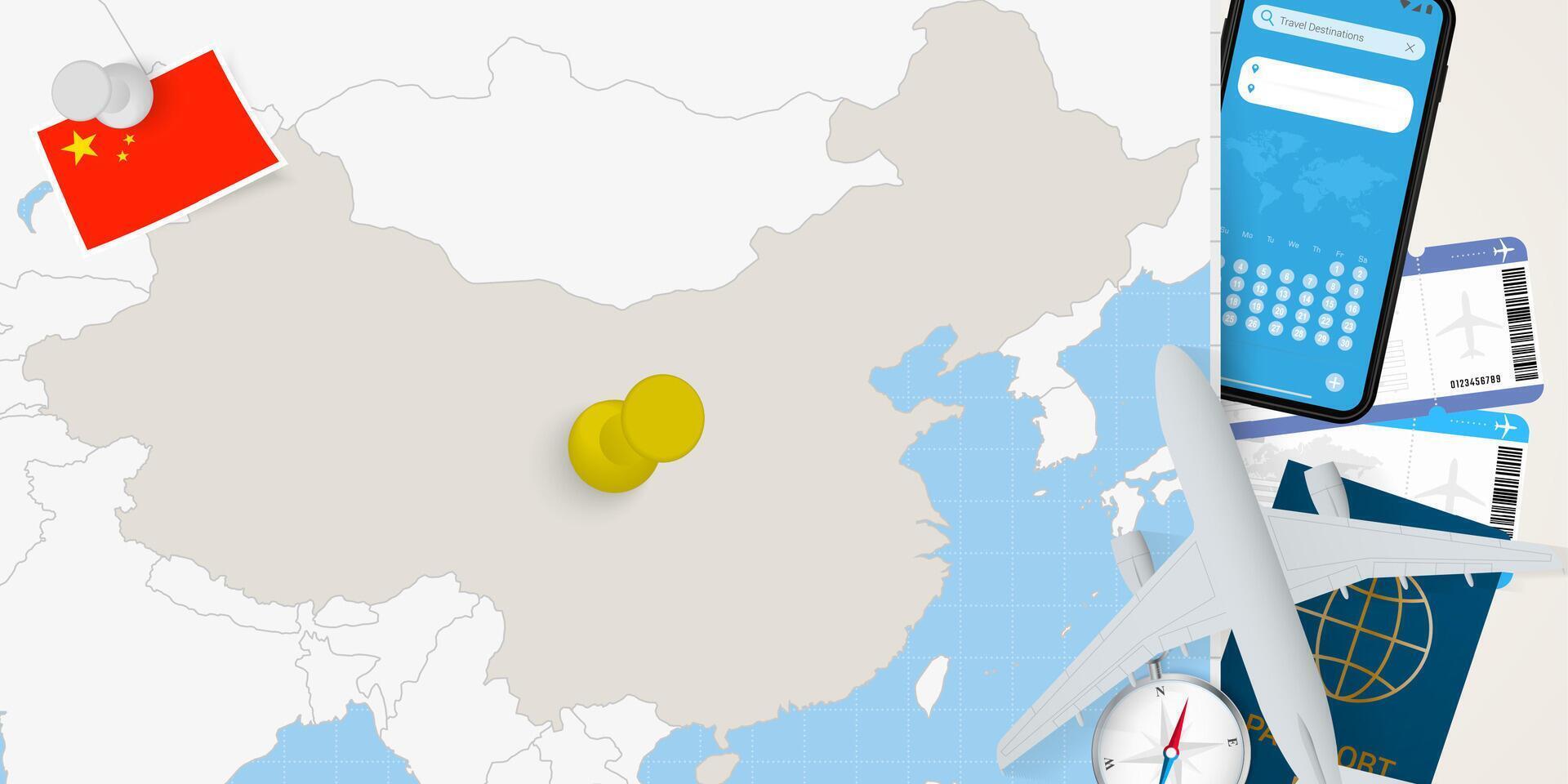 Travel to China concept, map with pin on map of China. Vacation preparation map, flag, passport and tickets. vector