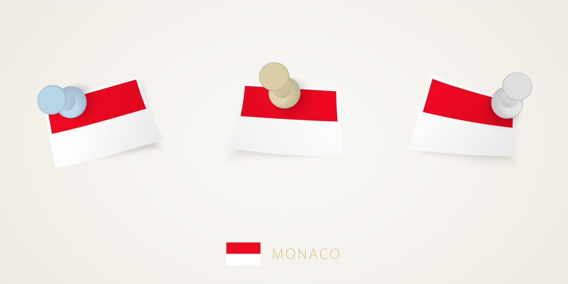 Pinned flag of Monaco in different shapes with twisted corners. pushpins top view. vector
