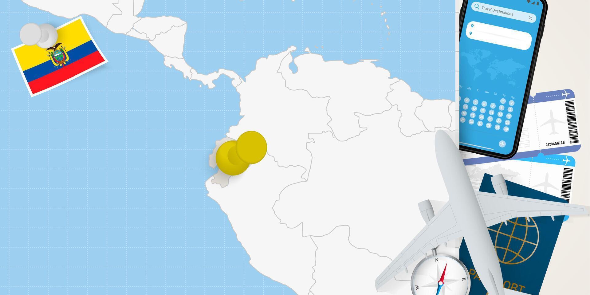 Travel to Ecuador concept, map with pin on map of Ecuador. Vacation preparation map, flag, passport and tickets. vector