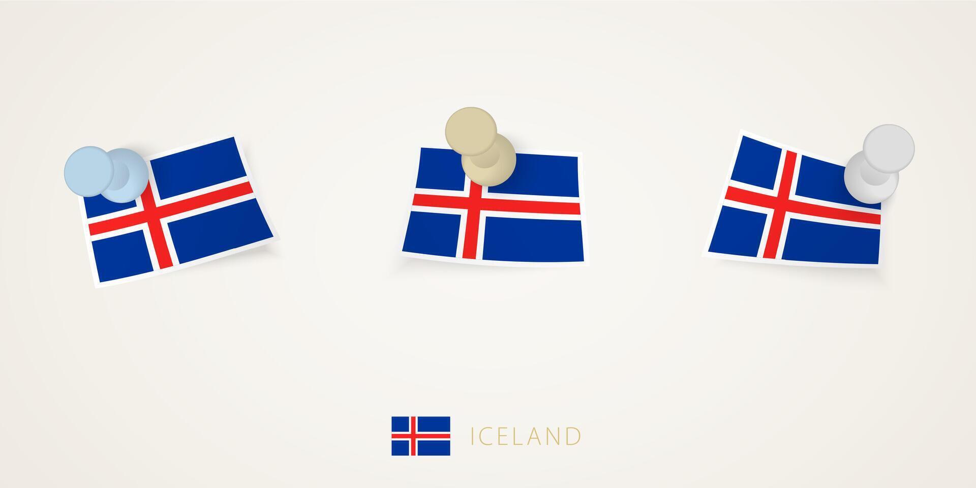 Pinned flag of Iceland in different shapes with twisted corners. pushpins top view. vector