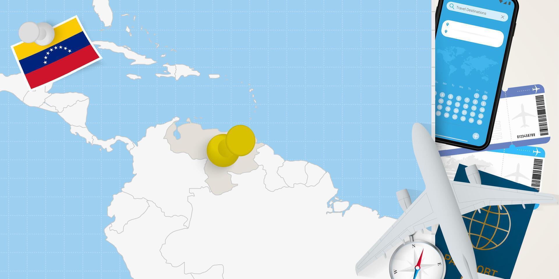 Travel to Venezuela concept, map with pin on map of Venezuela. Vacation preparation map, flag, passport and tickets. vector
