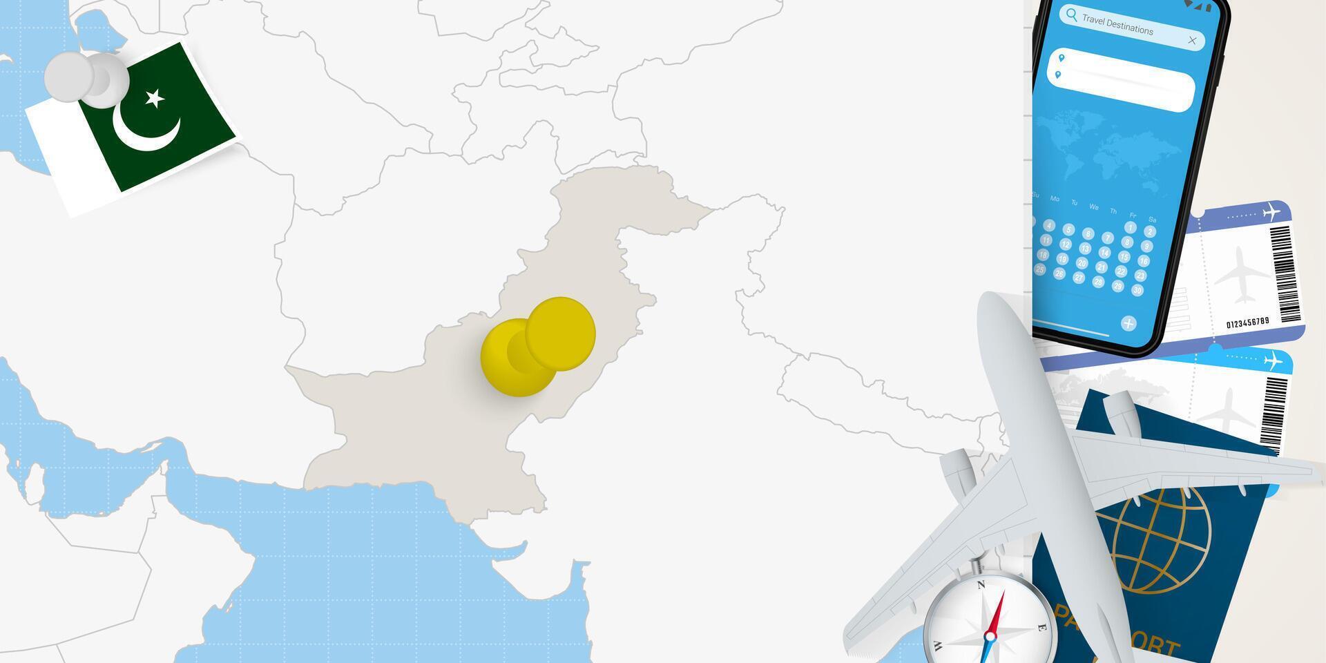 Travel to Pakistan concept, map with pin on map of Pakistan. Vacation preparation map, flag, passport and tickets. vector