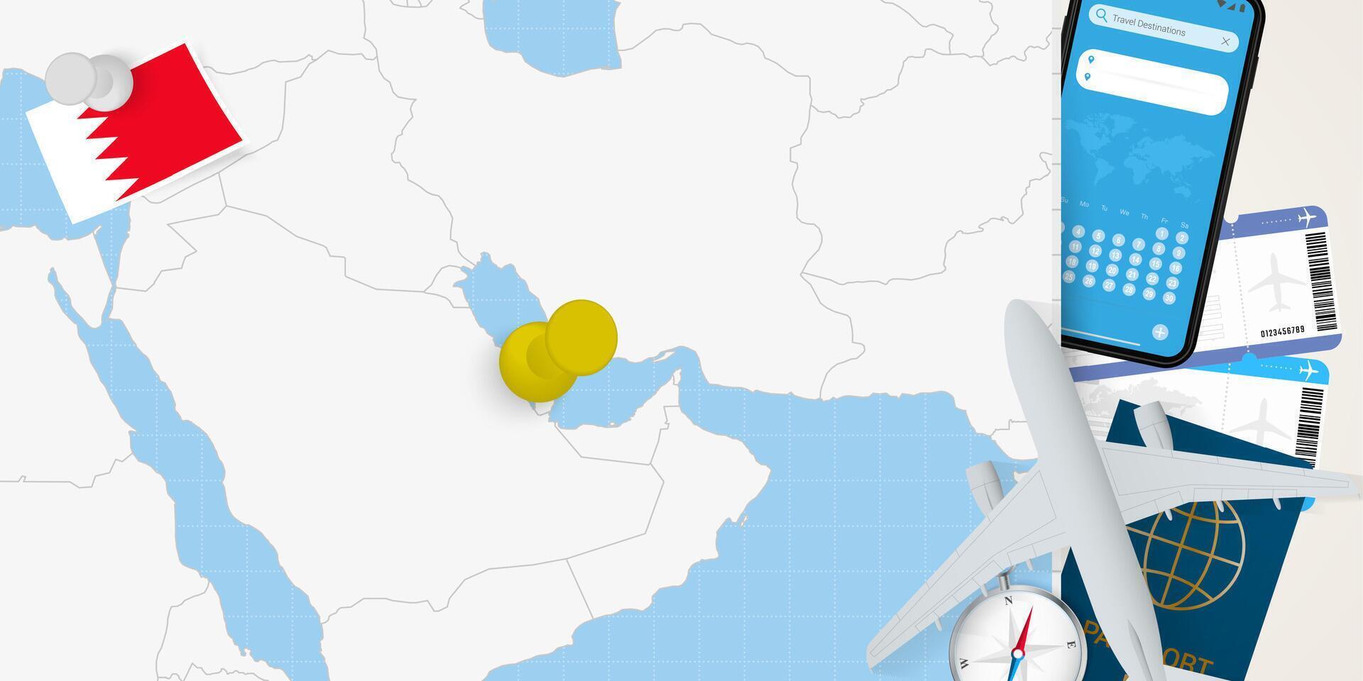 Travel to Bahrain concept, map with pin on map of Bahrain. Vacation preparation map, flag, passport and tickets. vector