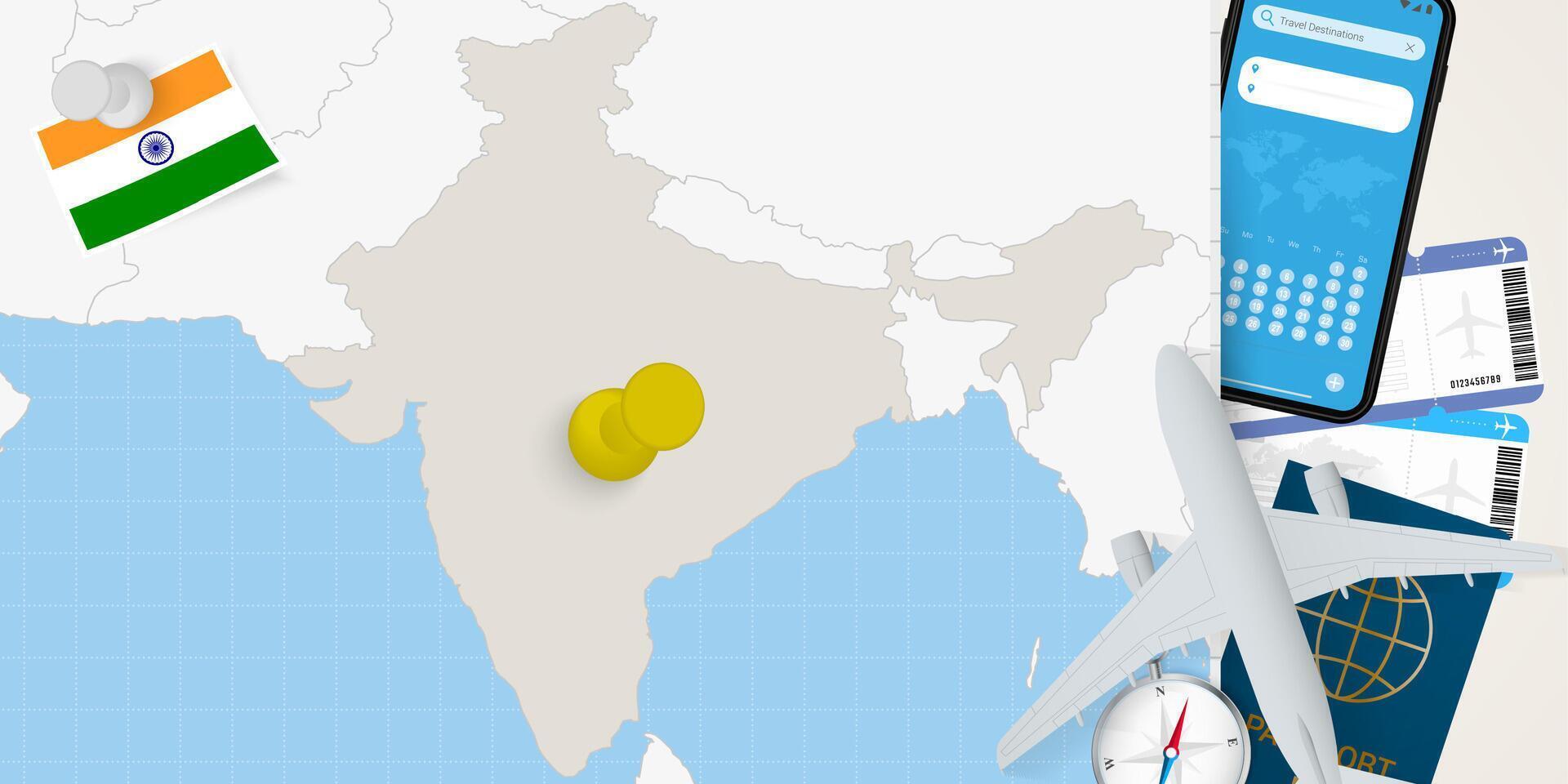 Travel to India concept, map with pin on map of India. Vacation preparation map, flag, passport and tickets. vector