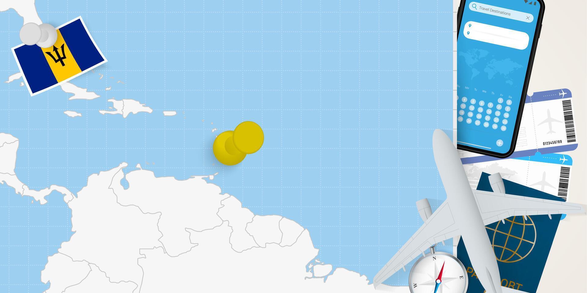 Travel to Barbados concept, map with pin on map of Barbados. Vacation preparation map, flag, passport and tickets. vector