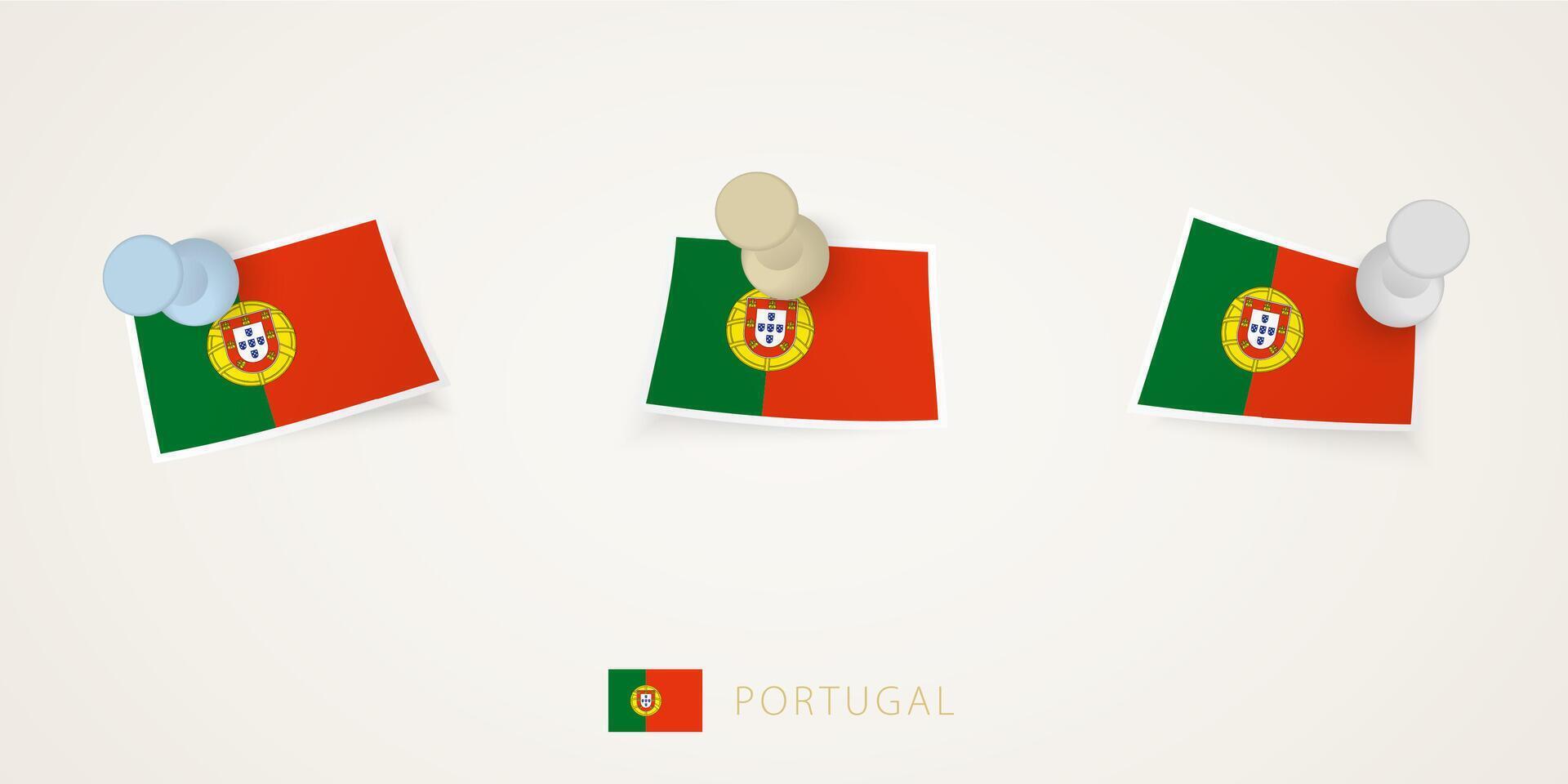 Pinned flag of Portugal in different shapes with twisted corners. vector