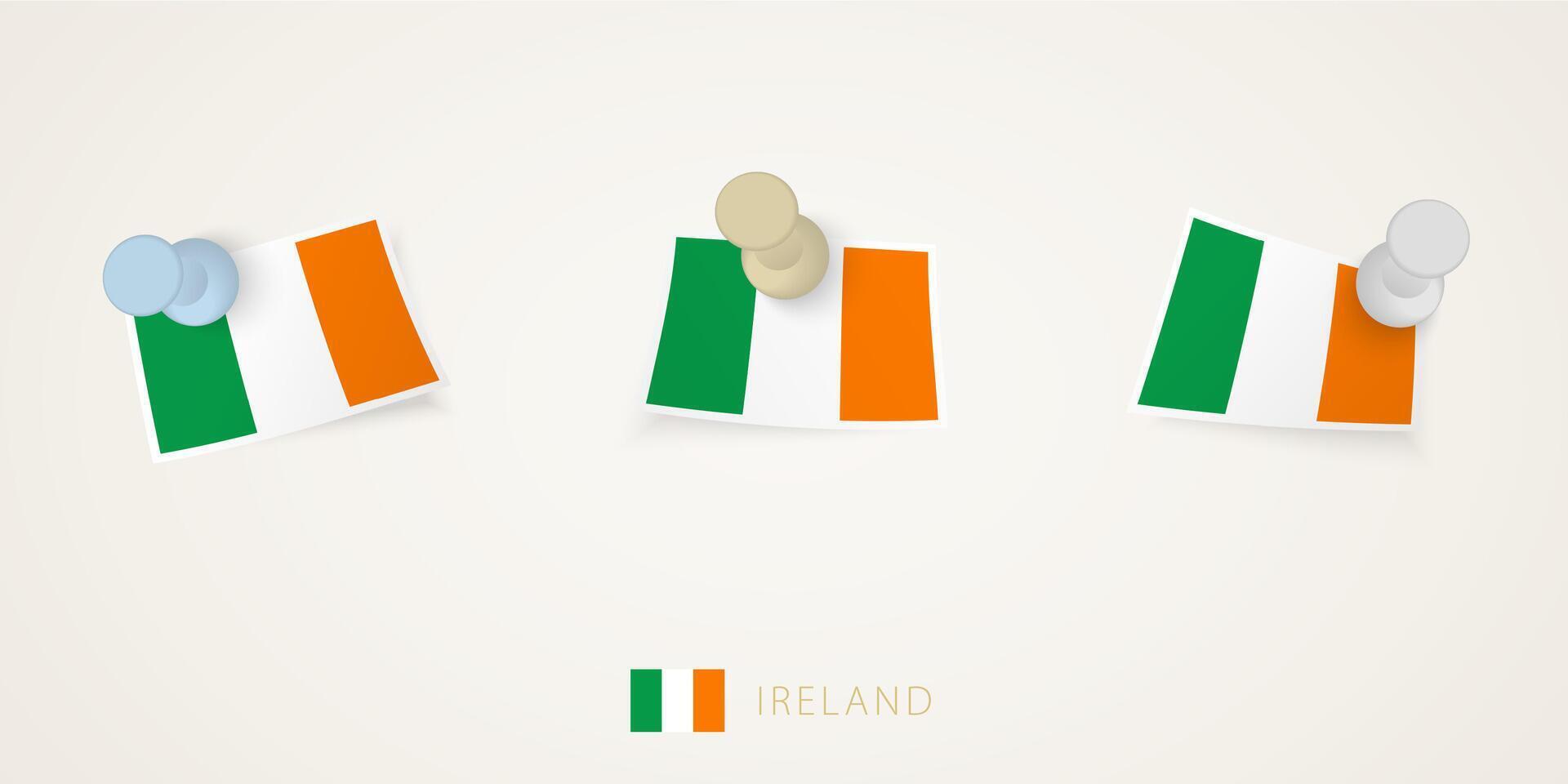 Pinned flag of Ireland in different shapes with twisted corners. pushpins top view. vector