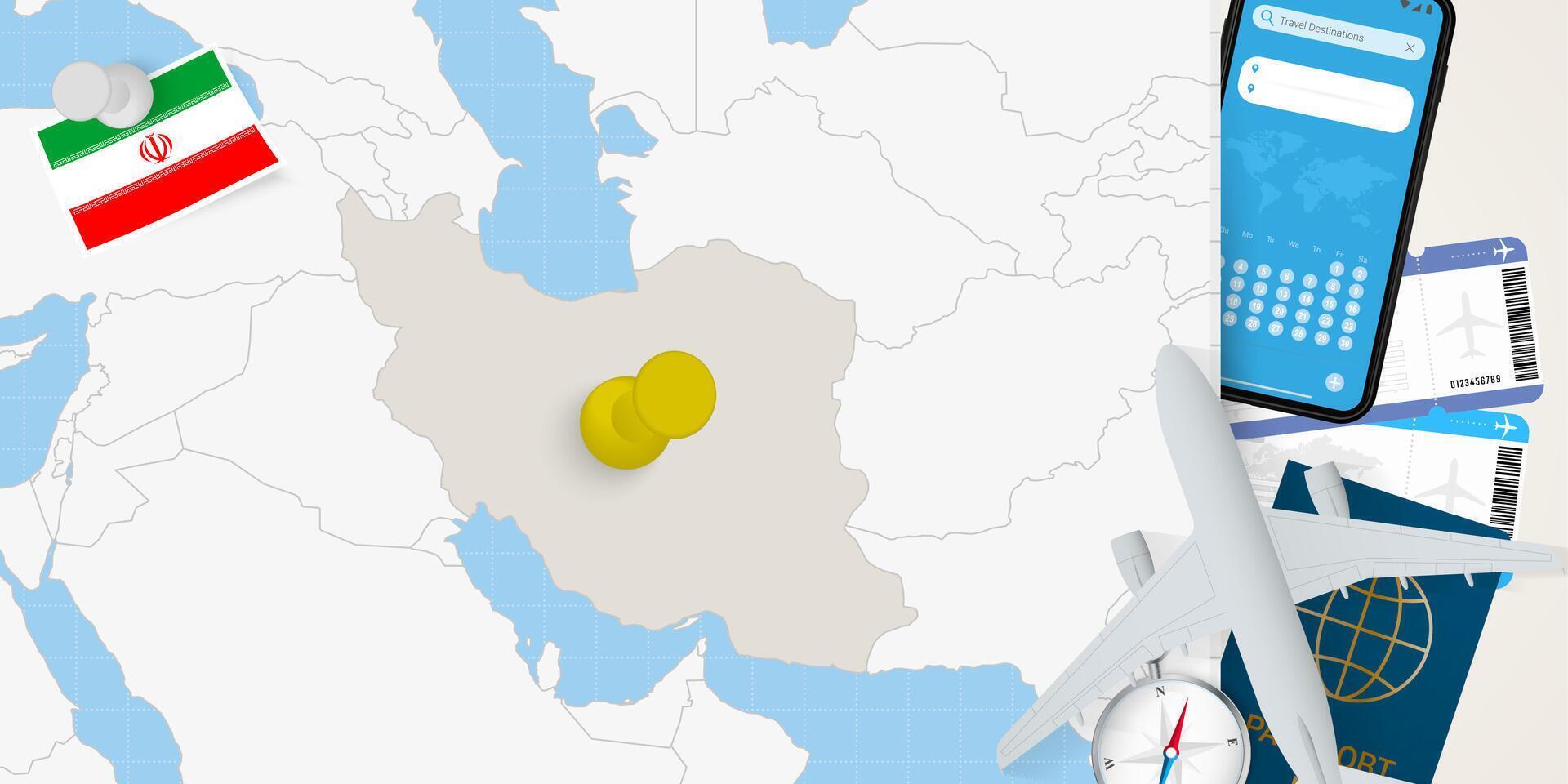 Travel to Iran concept, map with pin on map of Iran. Vacation preparation map, flag, passport and tickets. vector