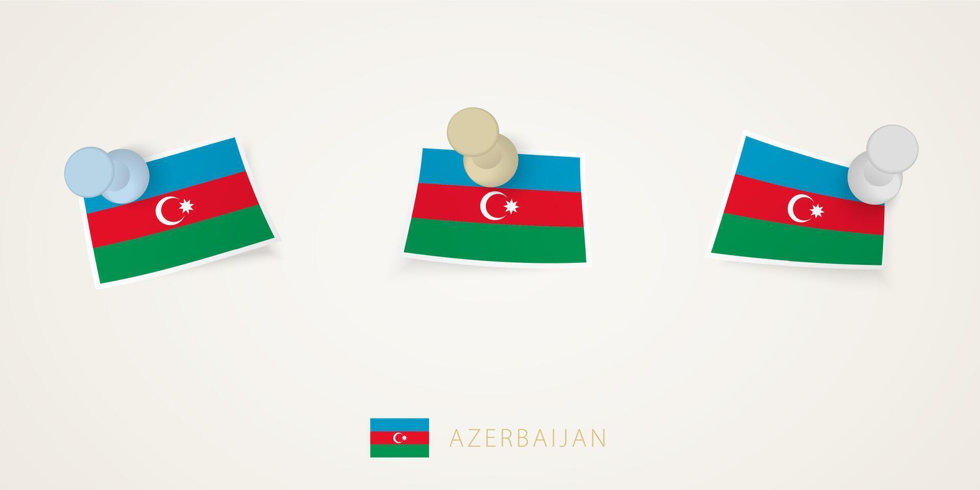 Pinned flag of Azerbaijan in different shapes with twisted corners. pushpins top view. vector