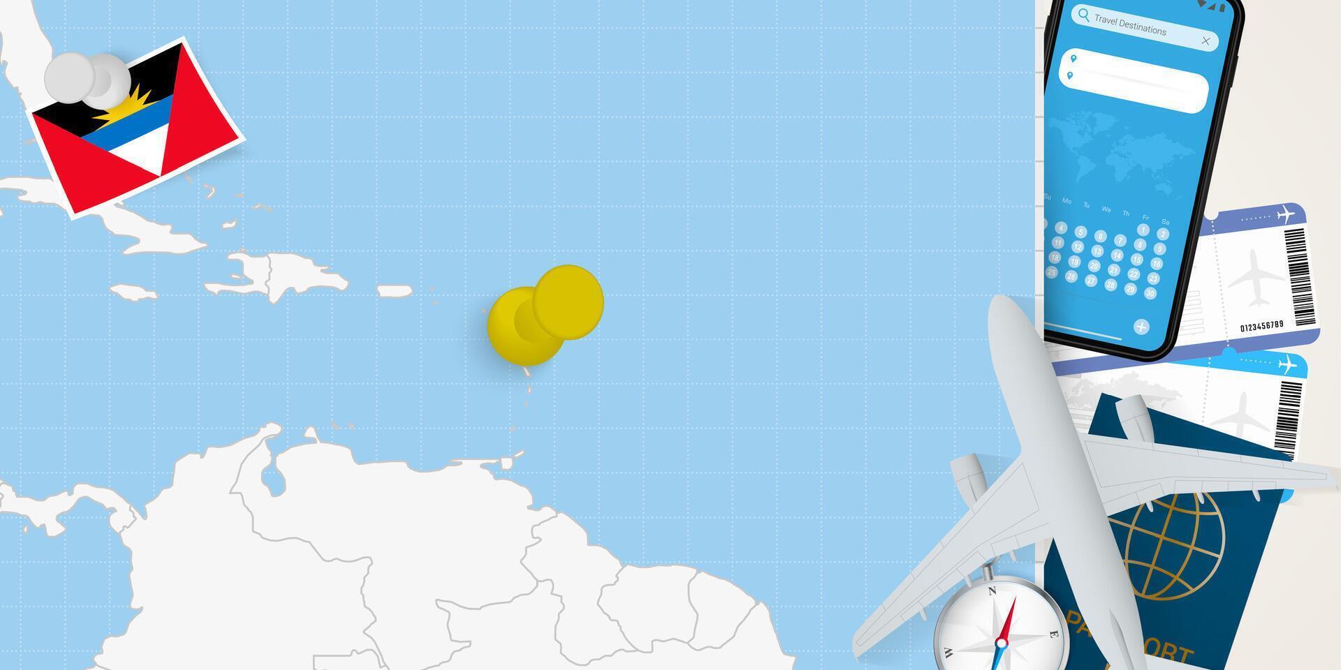 Travel to Antigua and Barbuda concept, map with pin on map of Antigua and Barbuda. Vacation preparation map, flag, passport and tickets. vector