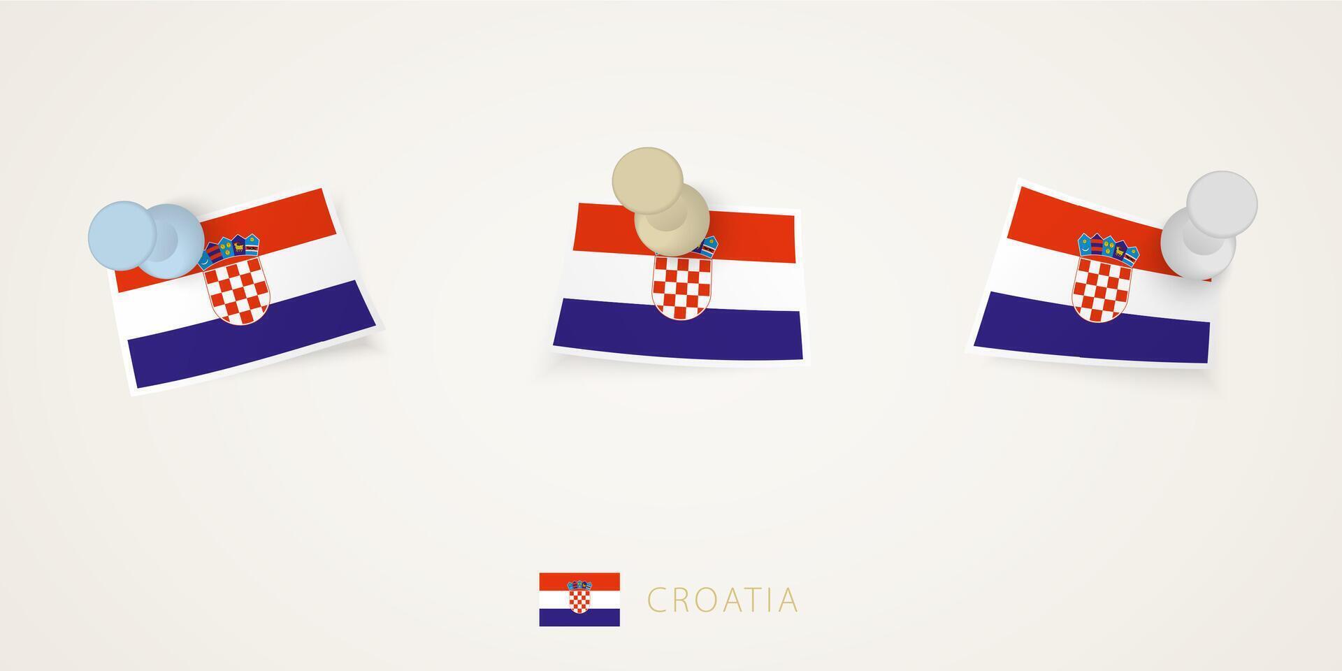 Pinned flag of Croatia in different shapes with twisted corners. pushpins top view. vector