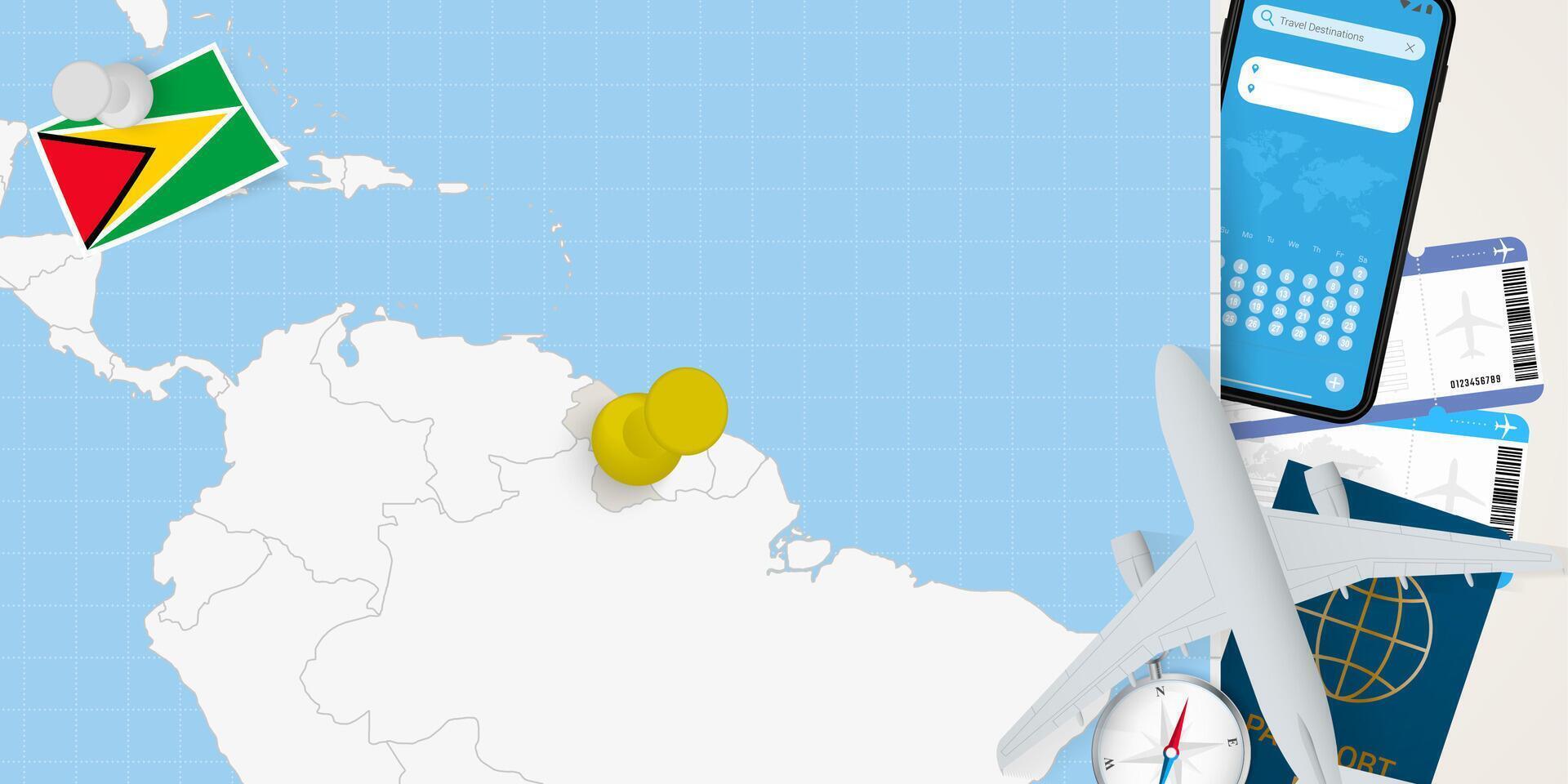 Travel to Guyana concept, map with pin on map of Guyana. Vacation preparation map, flag, passport and tickets. vector