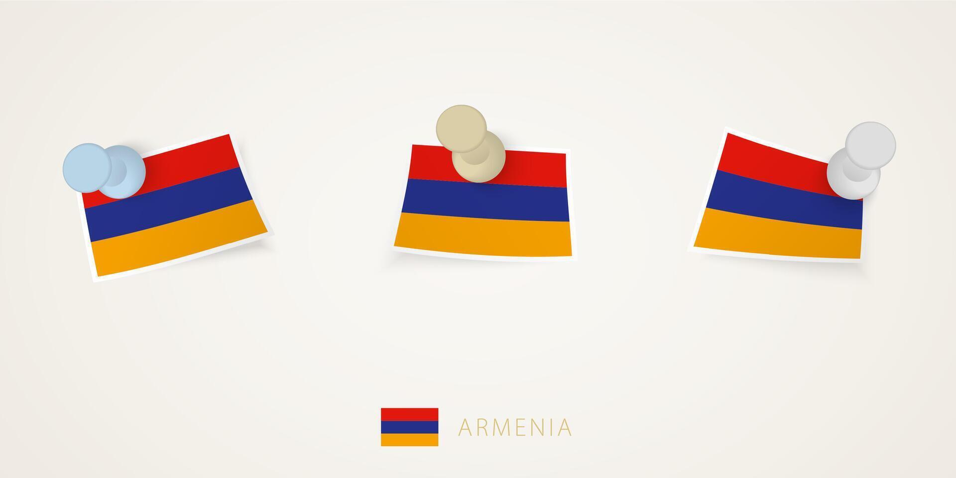 Pinned flag of Armenia in different shapes with twisted corners. pushpins top view. vector