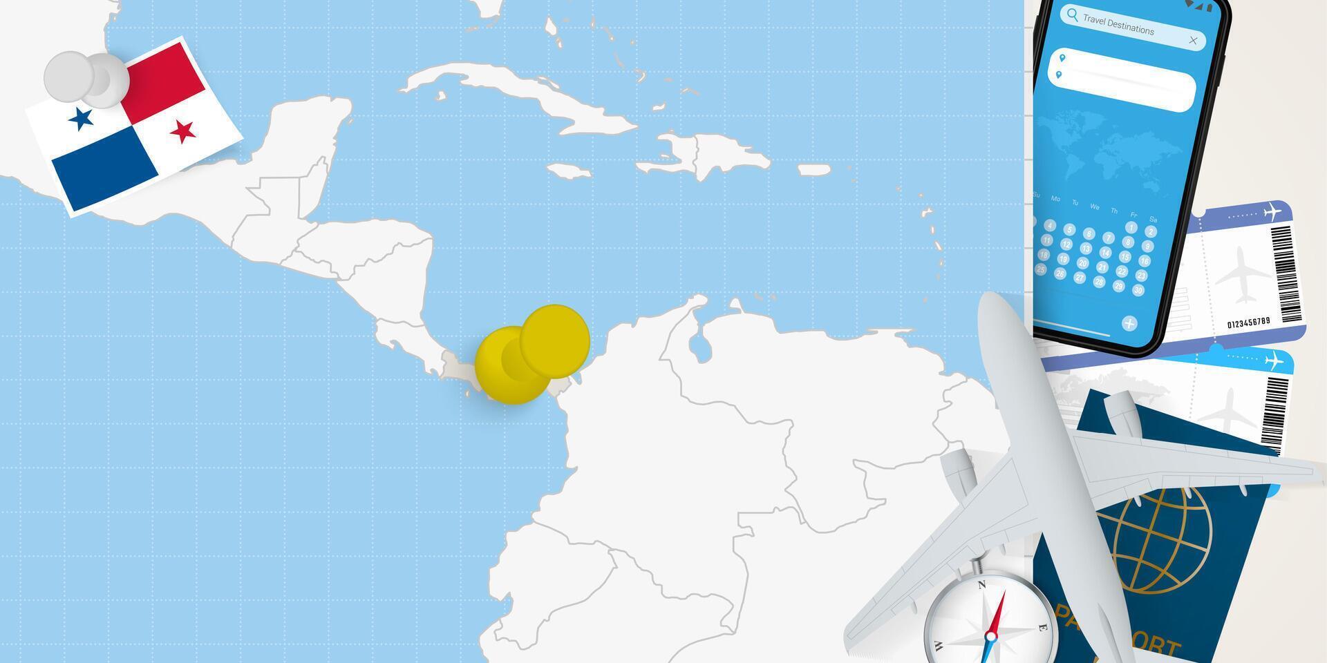 Travel to Panama concept, map with pin on map of Panama. Vacation preparation map, flag, passport and tickets. vector