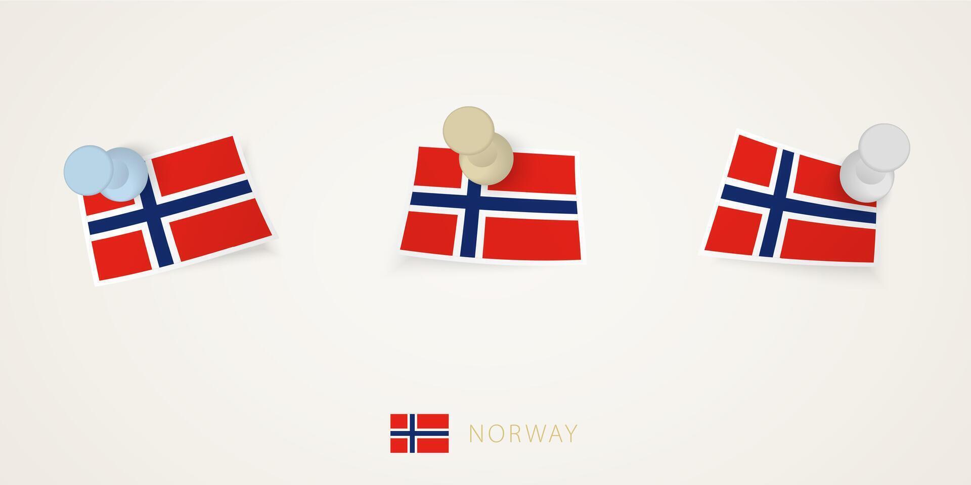 Pinned flag of Norway in different shapes with twisted corners. pushpins top view. vector