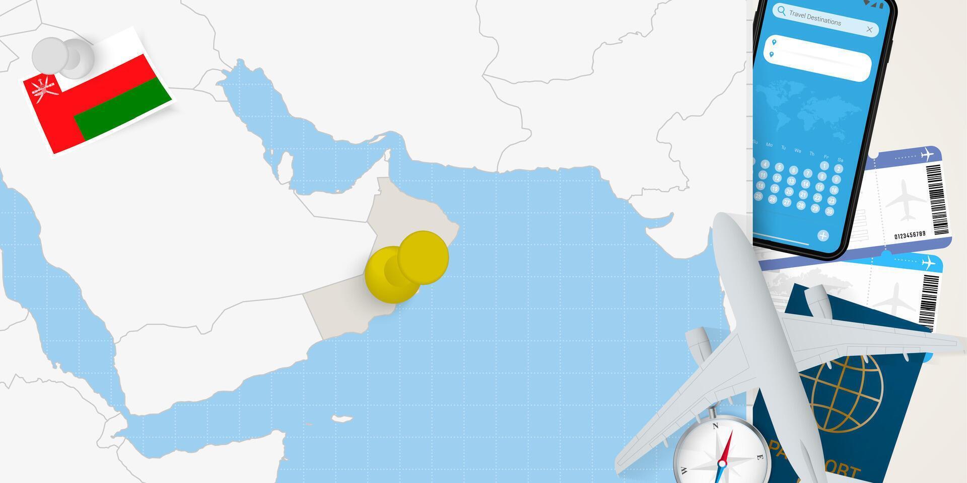 Travel to Oman concept, map with pin on map of Oman. Vacation preparation map, flag, passport and tickets. vector