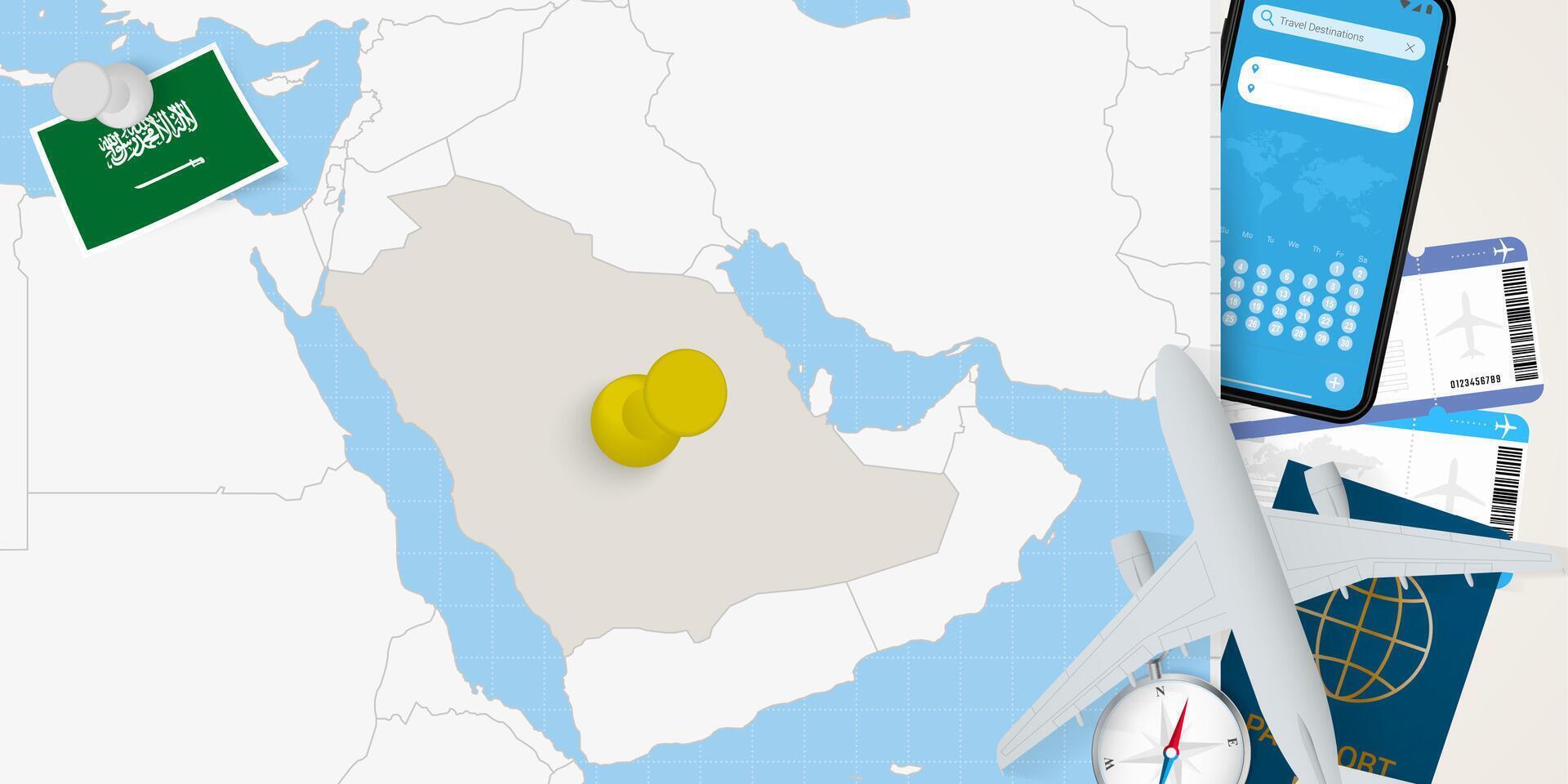 Travel to Saudi Arabia concept, map with pin on map of Saudi Arabia. Vacation preparation map, flag, passport and tickets. vector