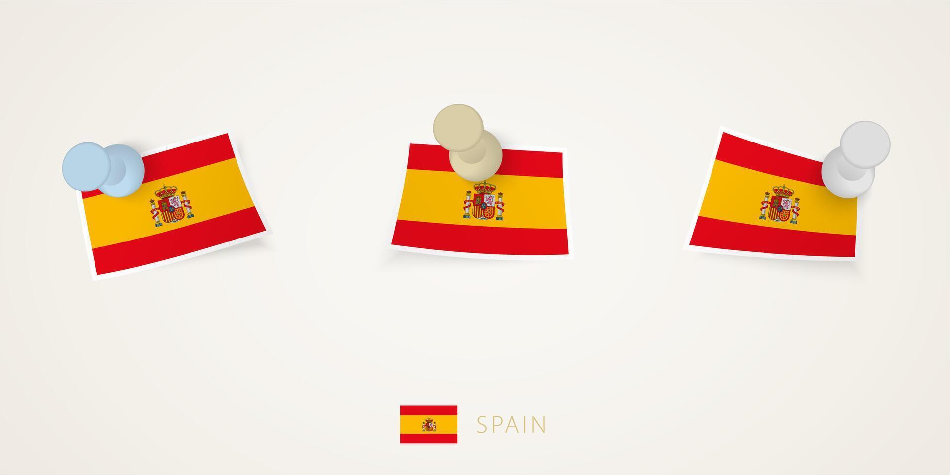 Pinned flag of Spain in different shapes with twisted corners. vector