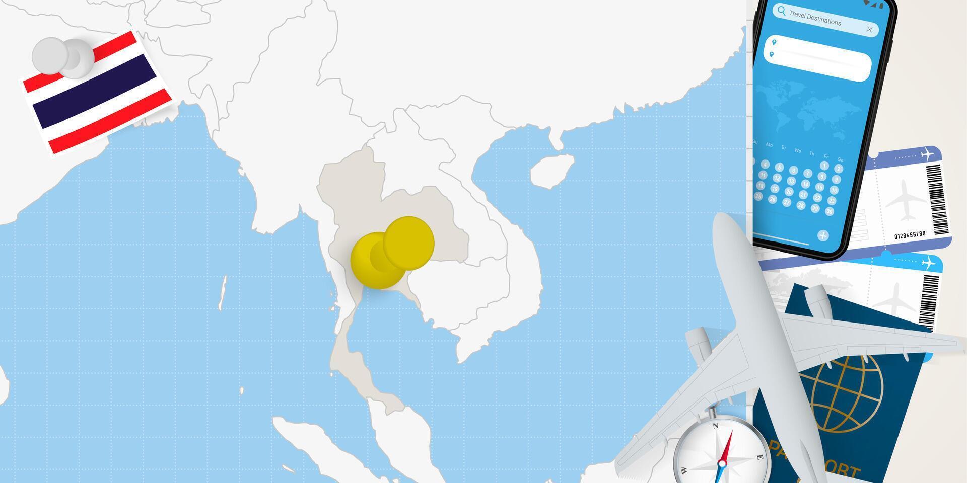 Travel to Thailand concept, map with pin on map of Thailand. Vacation preparation map, flag, passport and tickets. vector