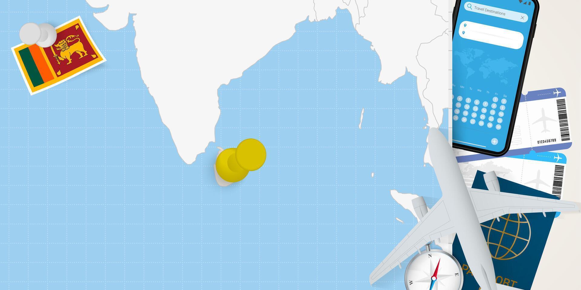 Travel to Sri Lanka concept, map with pin on map of Sri Lanka. Vacation preparation map, flag, passport and tickets. vector