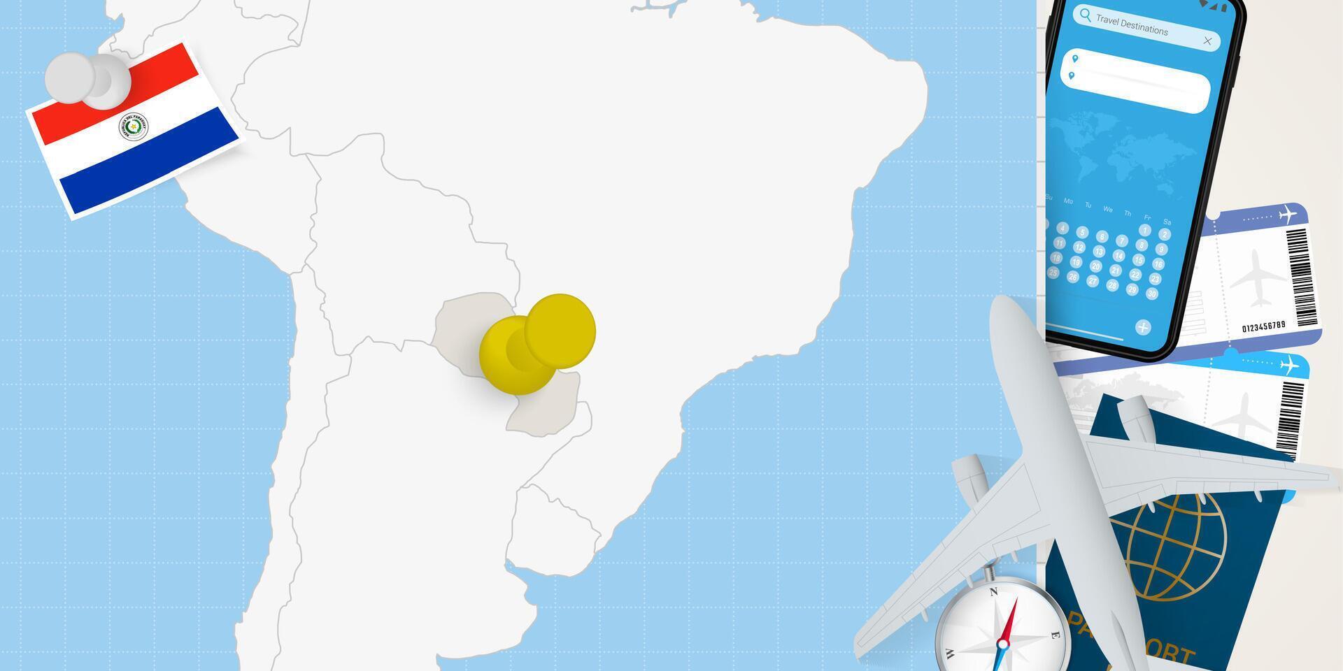 Travel to Paraguay concept, map with pin on map of Paraguay. Vacation preparation map, flag, passport and tickets. vector