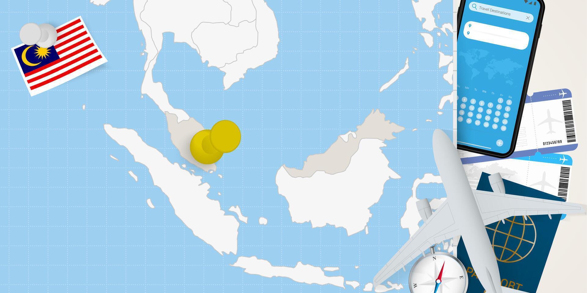 Travel to Malaysia concept, map with pin on map of Malaysia. Vacation preparation map, flag, passport and tickets. vector