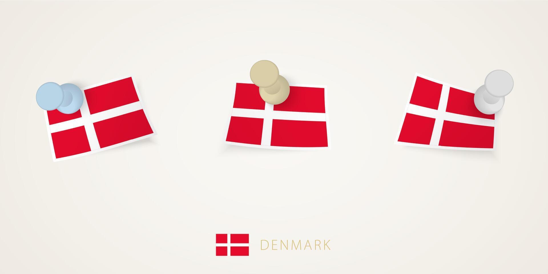Pinned flag of Denmark in different shapes with twisted corners. pushpins top view. vector