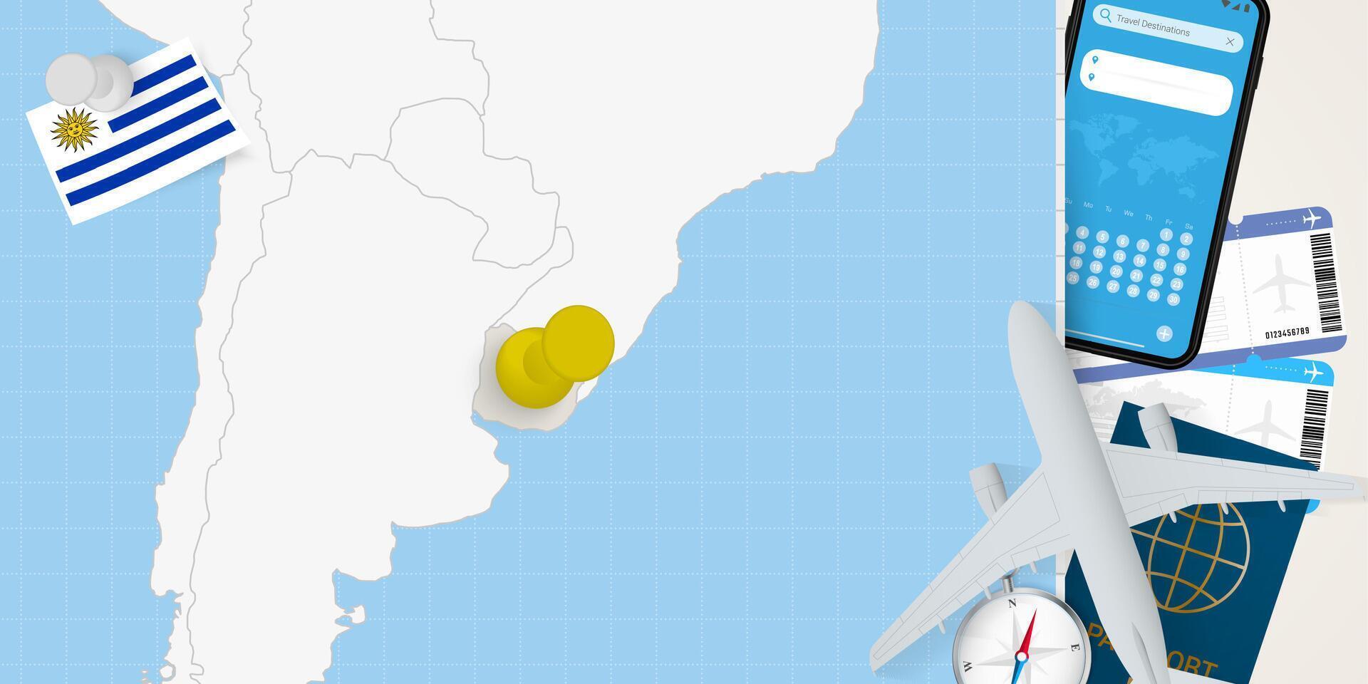Travel to Uruguay concept, map with pin on map of Uruguay. Vacation preparation map, flag, passport and tickets. vector