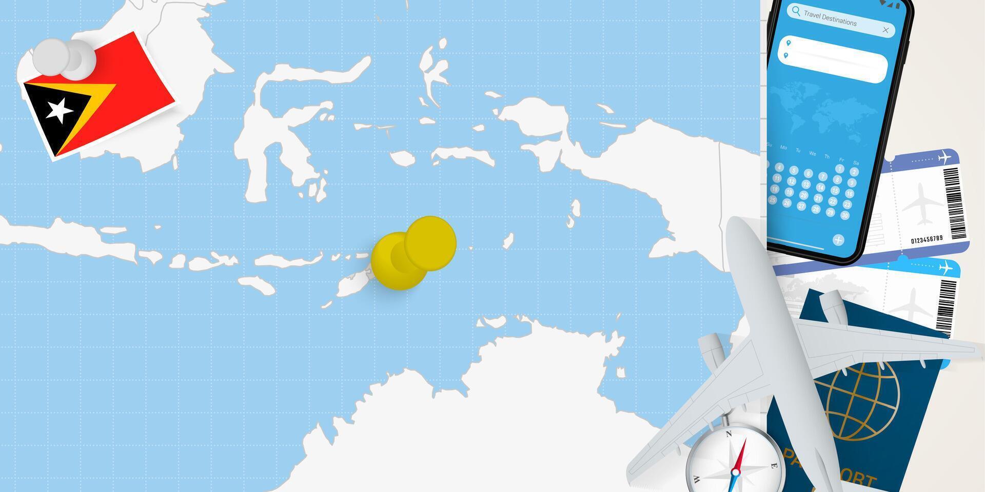 Travel to East Timor concept, map with pin on map of East Timor. Vacation preparation map, flag, passport and tickets. vector