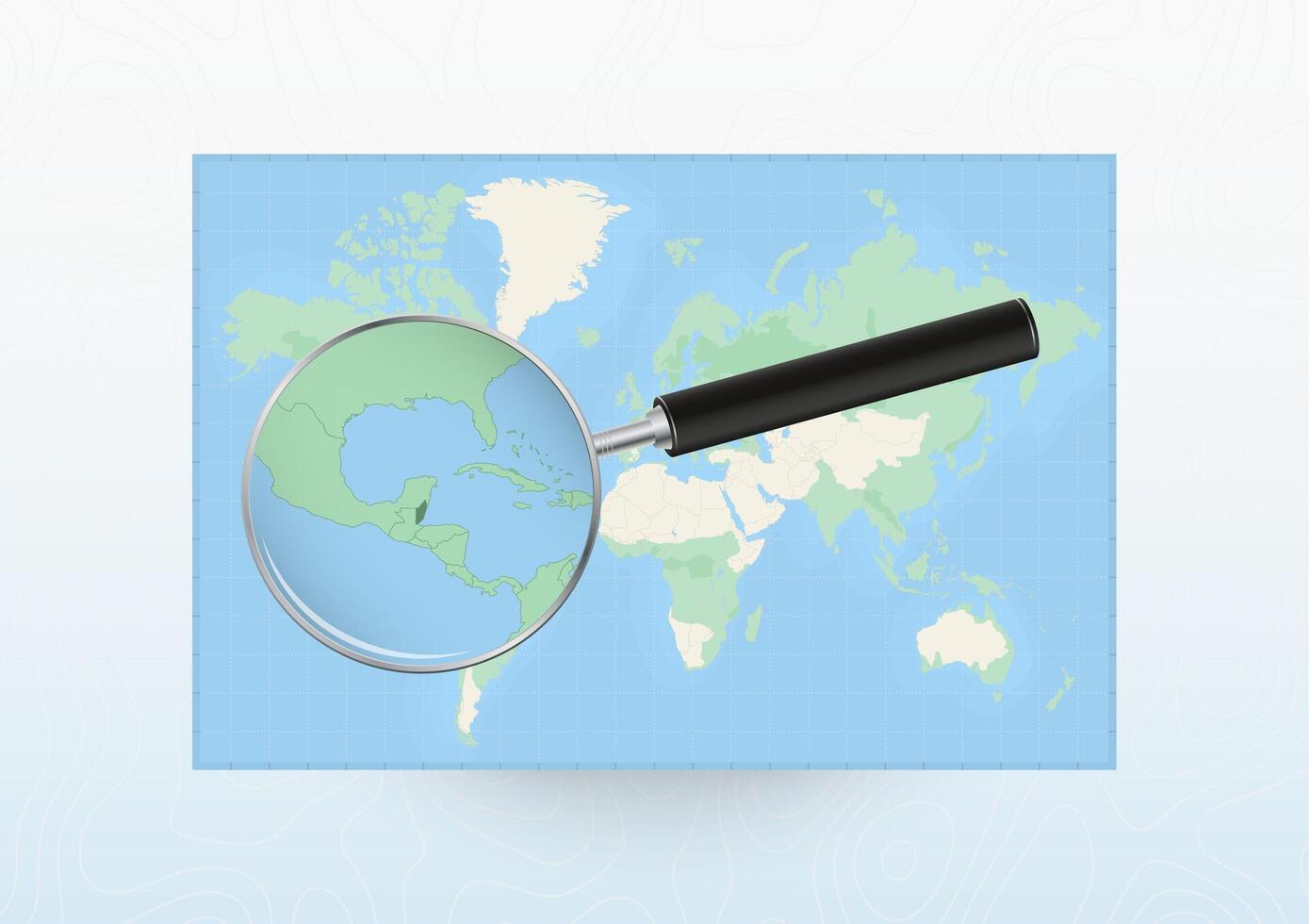 Map of the World with a magnifying glass aimed at Belize, searching Belize with loupe. vector