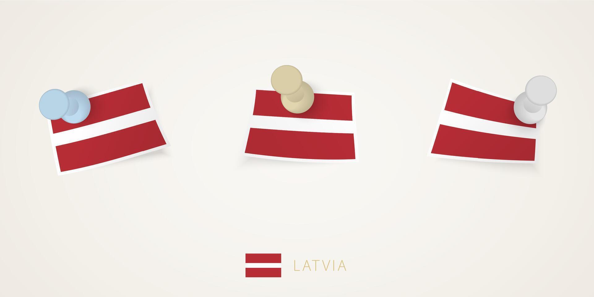 Pinned flag of Latvia in different shapes with twisted corners. vector