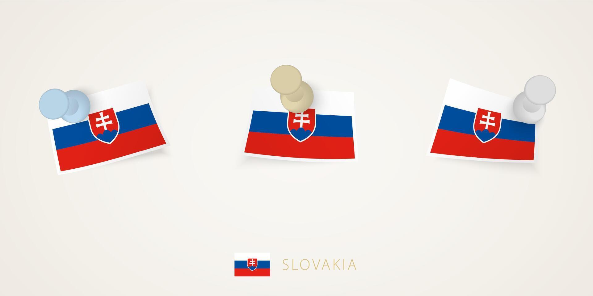 Pinned flag of Slovakia in different shapes with twisted corners. vector