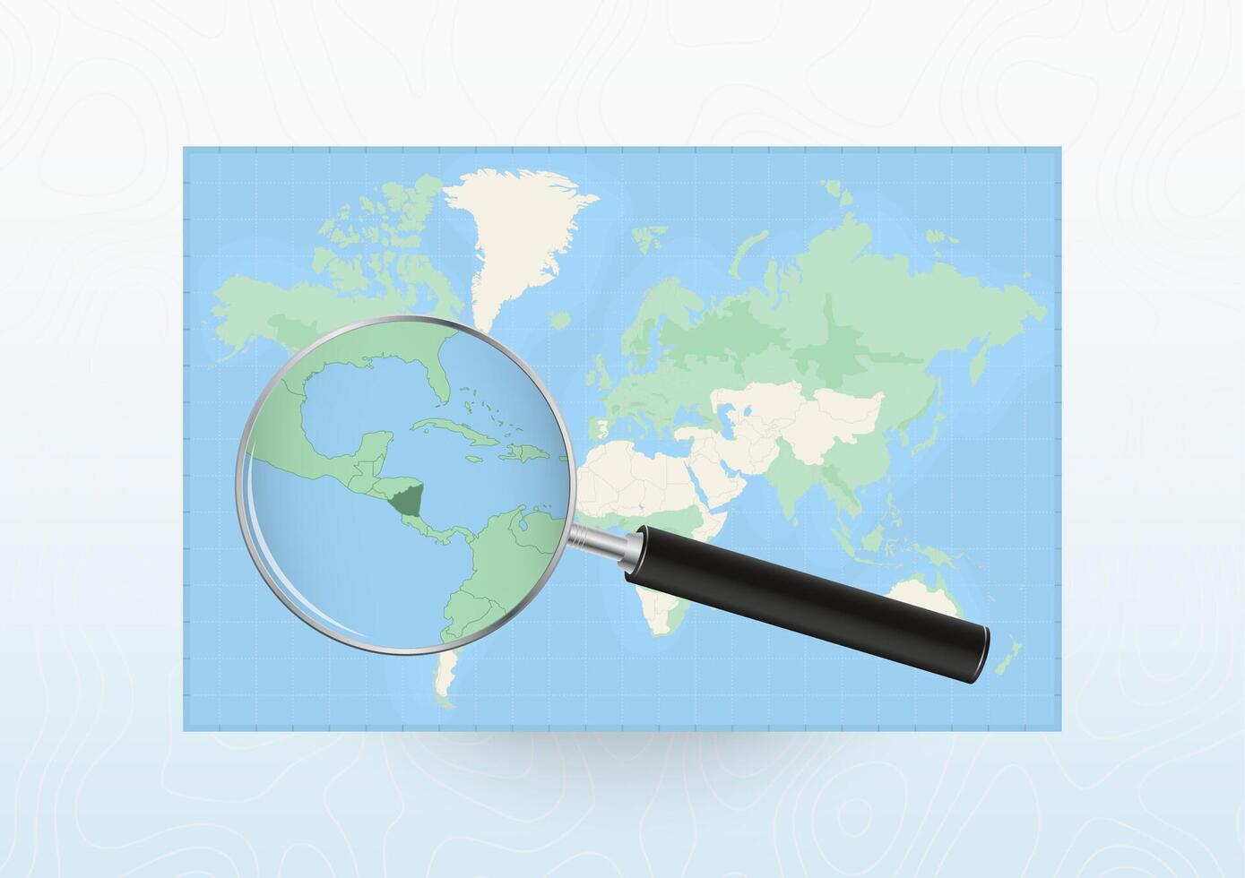 Map of the World with a magnifying glass aimed at Nicaragua, searching Nicaragua with loupe. vector