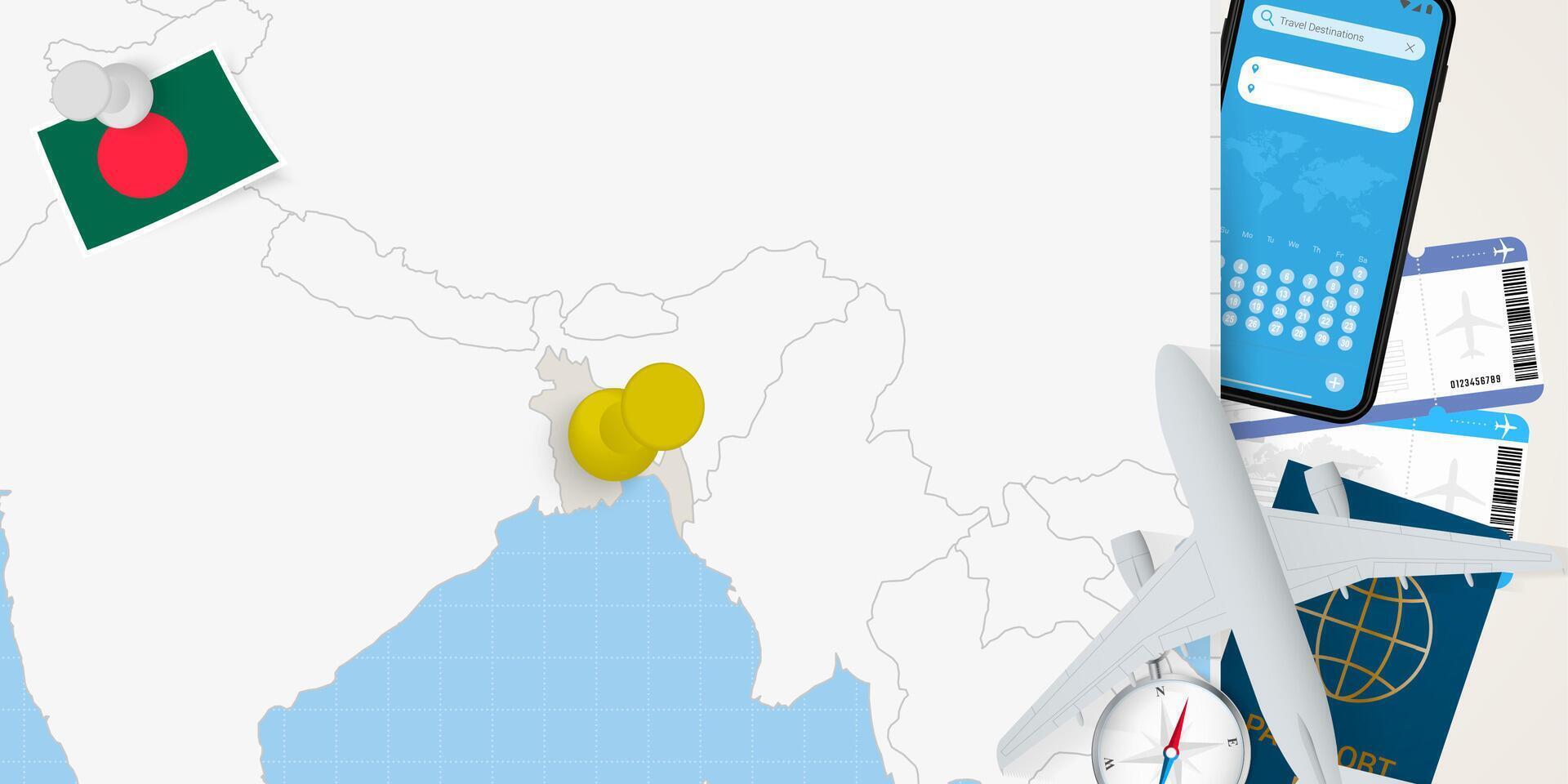 Travel to Bangladesh concept, map with pin on map of Bangladesh. Vacation preparation map, flag, passport and tickets. vector