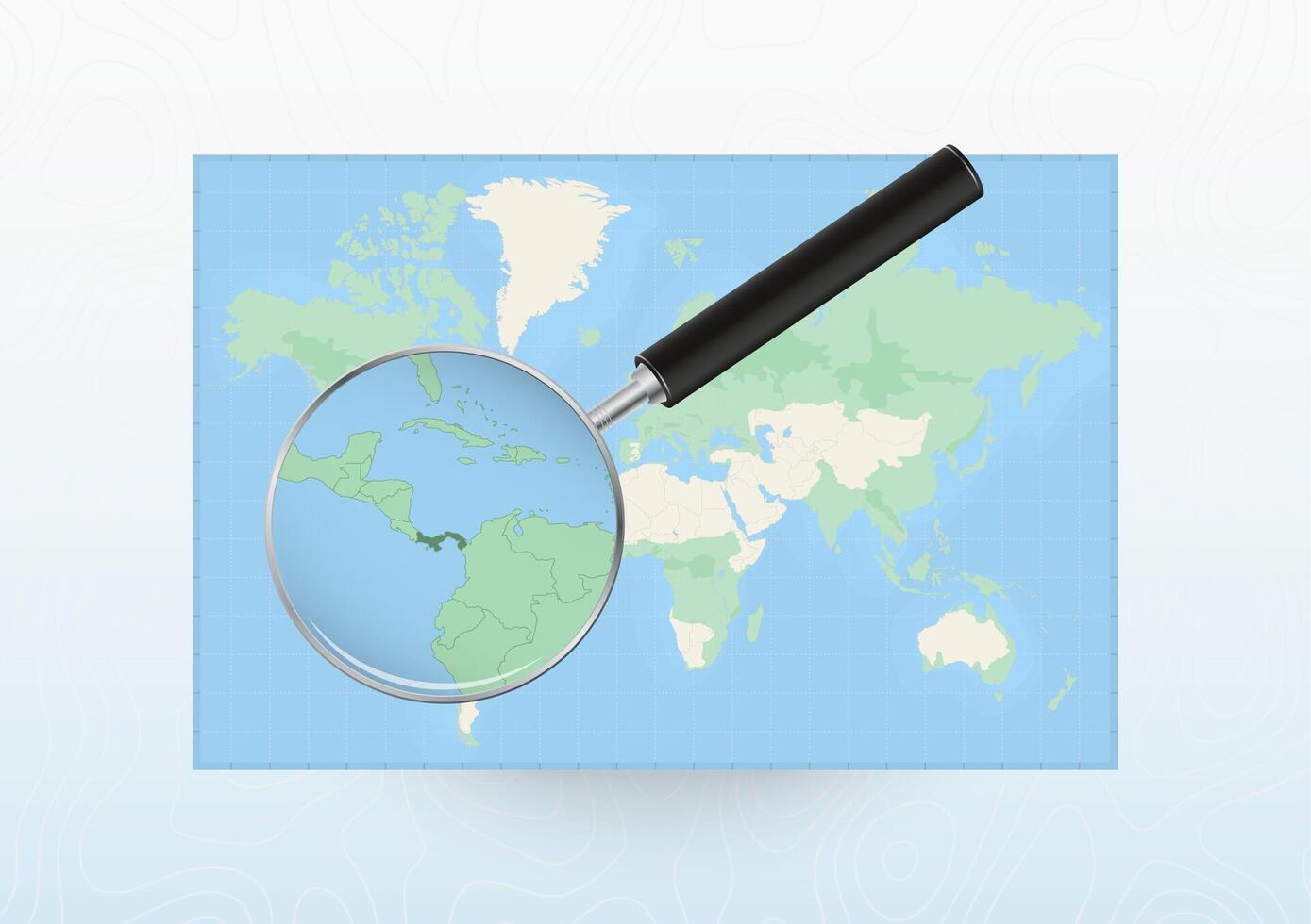 Map of the World with a magnifying glass aimed at Panama, searching Panama with loupe. vector