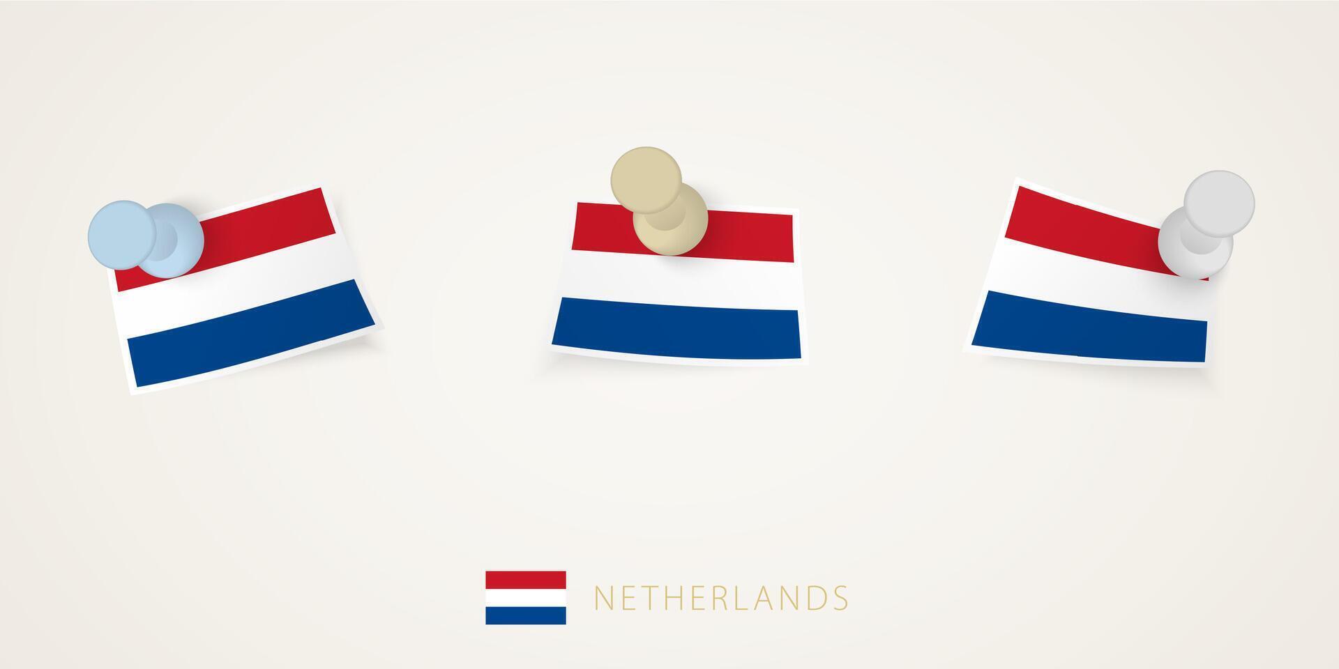 Pinned flag of Netherlands in different shapes with twisted corners. vector