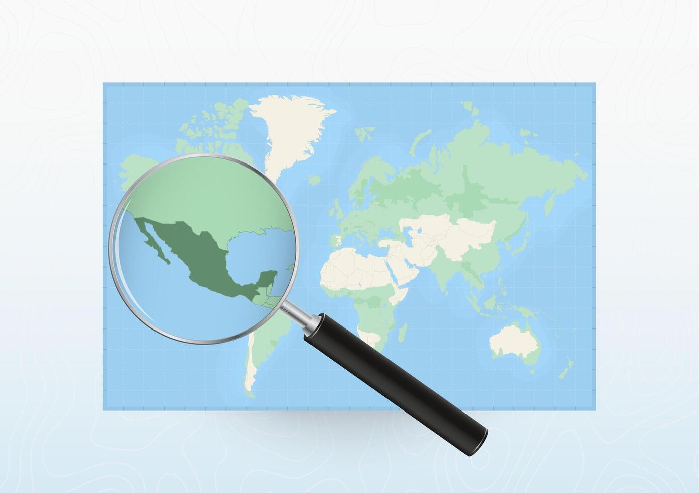 Map of the World with a magnifying glass aimed at Mexico, searching Mexico with loupe. vector