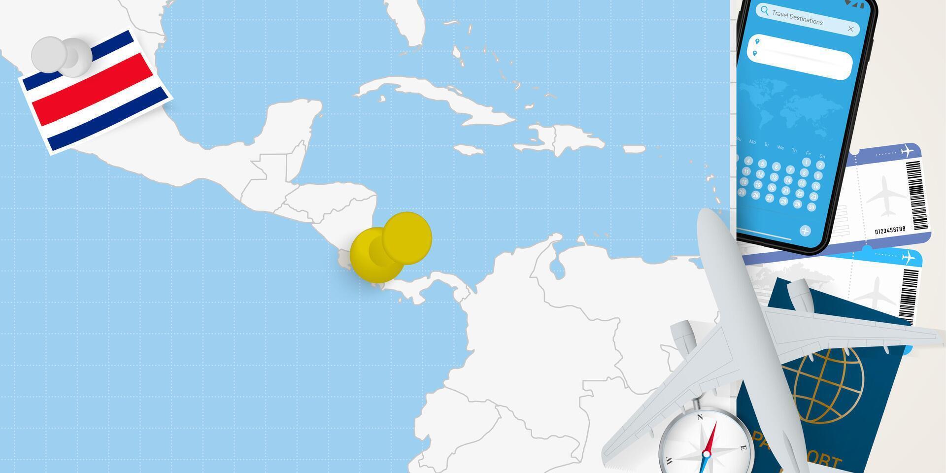 Travel to Costa Rica concept, map with pin on map of Costa Rica. Vacation preparation map, flag, passport and tickets. vector