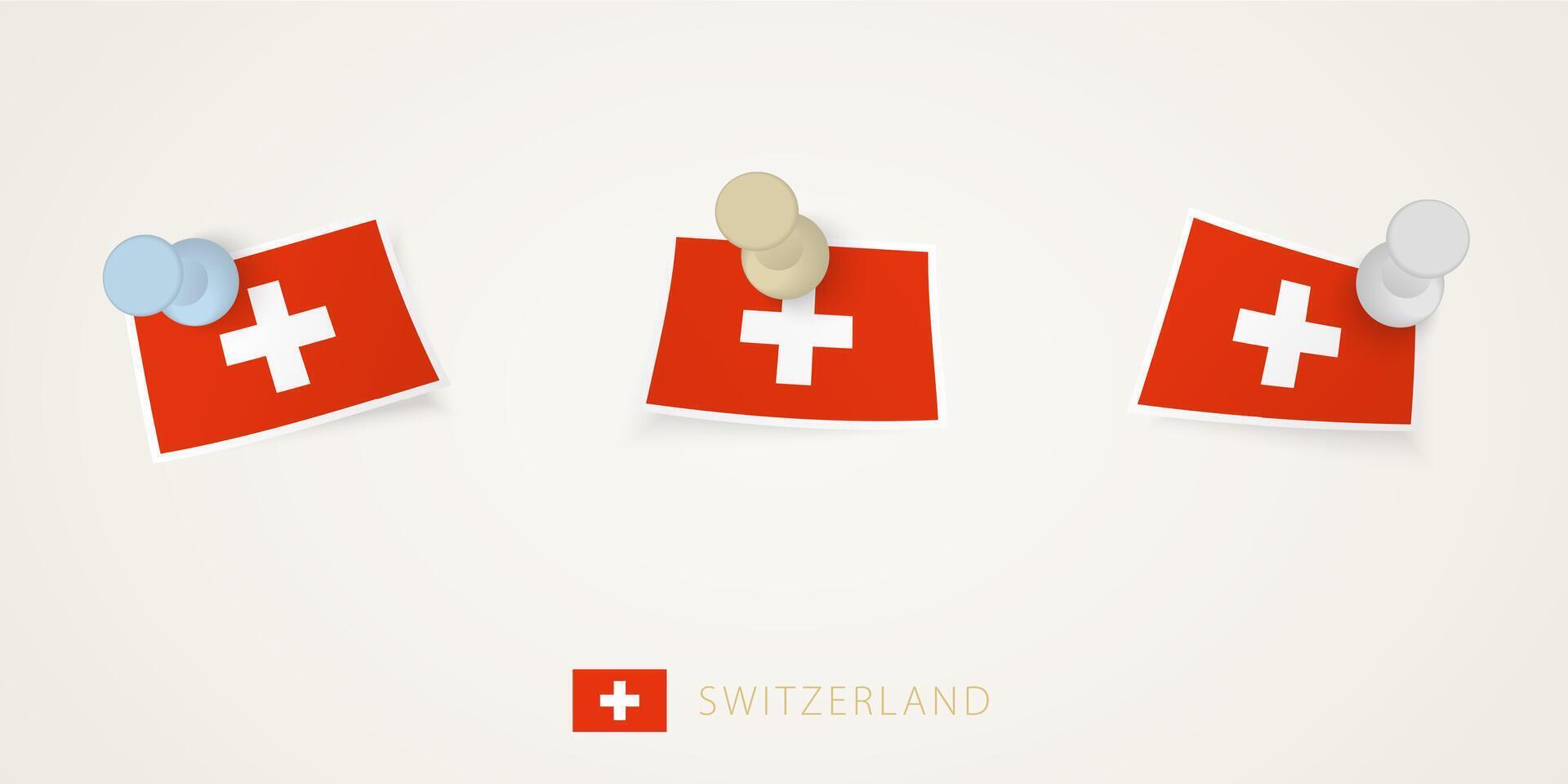 Pinned flag of Switzerland in different shapes with twisted corners. vector
