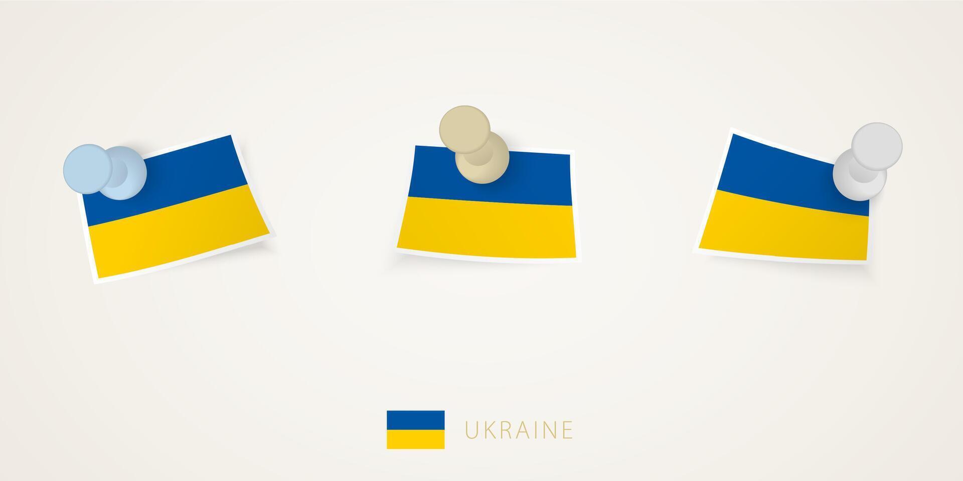 Pinned flag of Ukraine in different shapes with twisted corners. vector