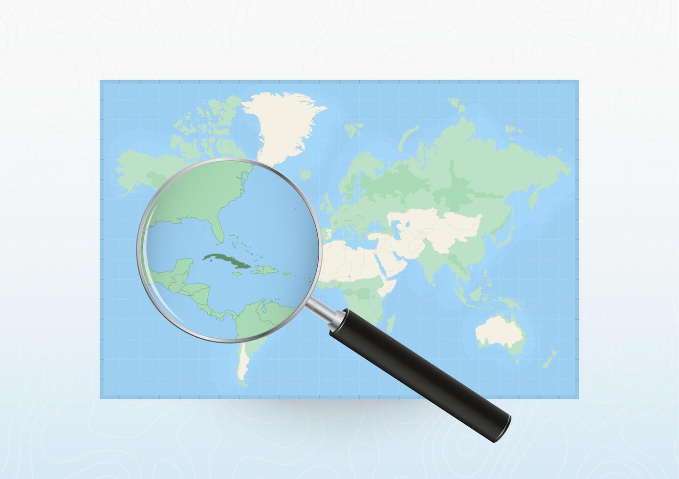 Map of the World with a magnifying glass aimed at Cuba, searching Cuba with loupe. vector
